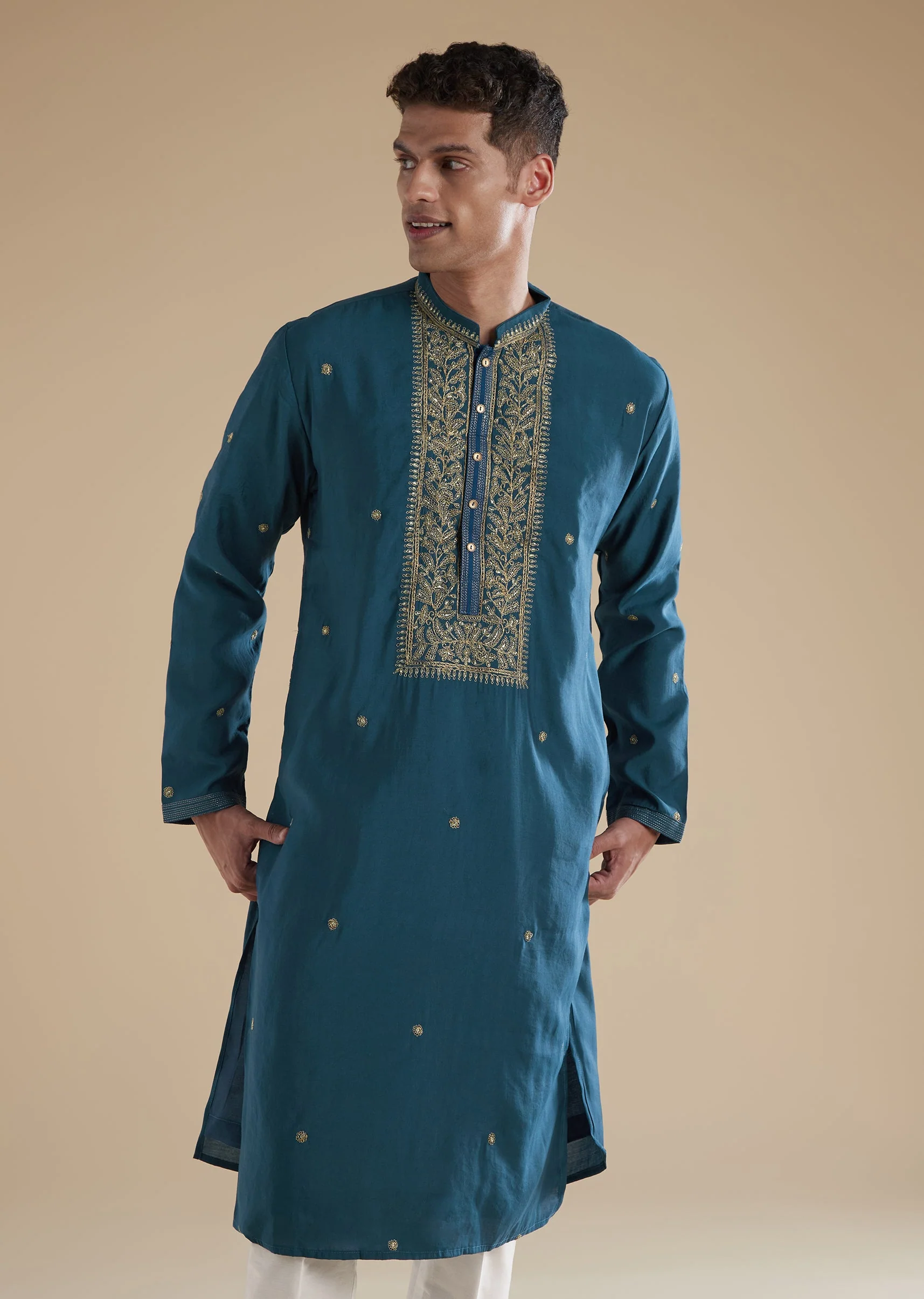 Teal Blue Kurta Set With Thread And Resham Detail - Image 4