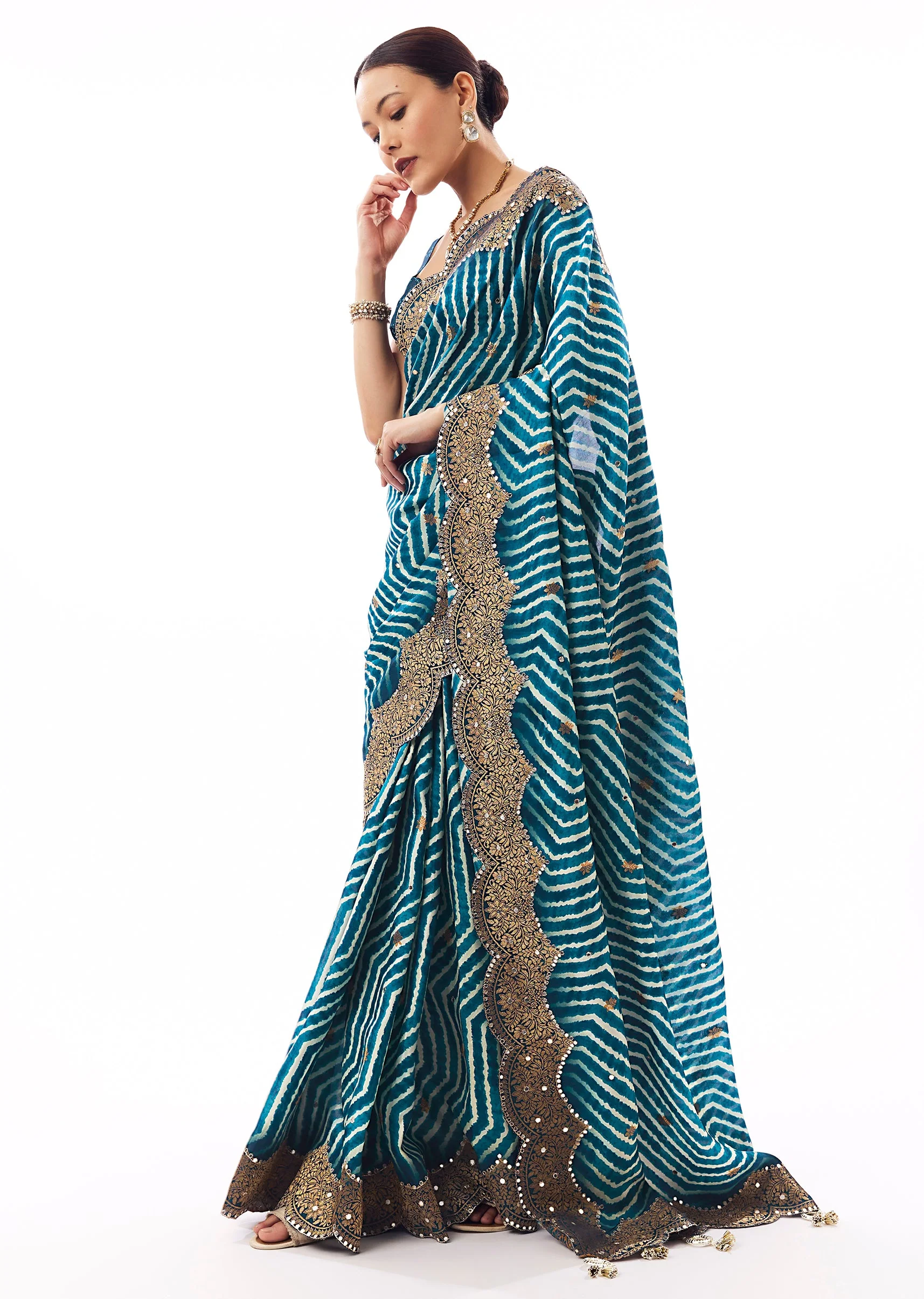 Teal Blue Lehariya Saree With Mirror Work