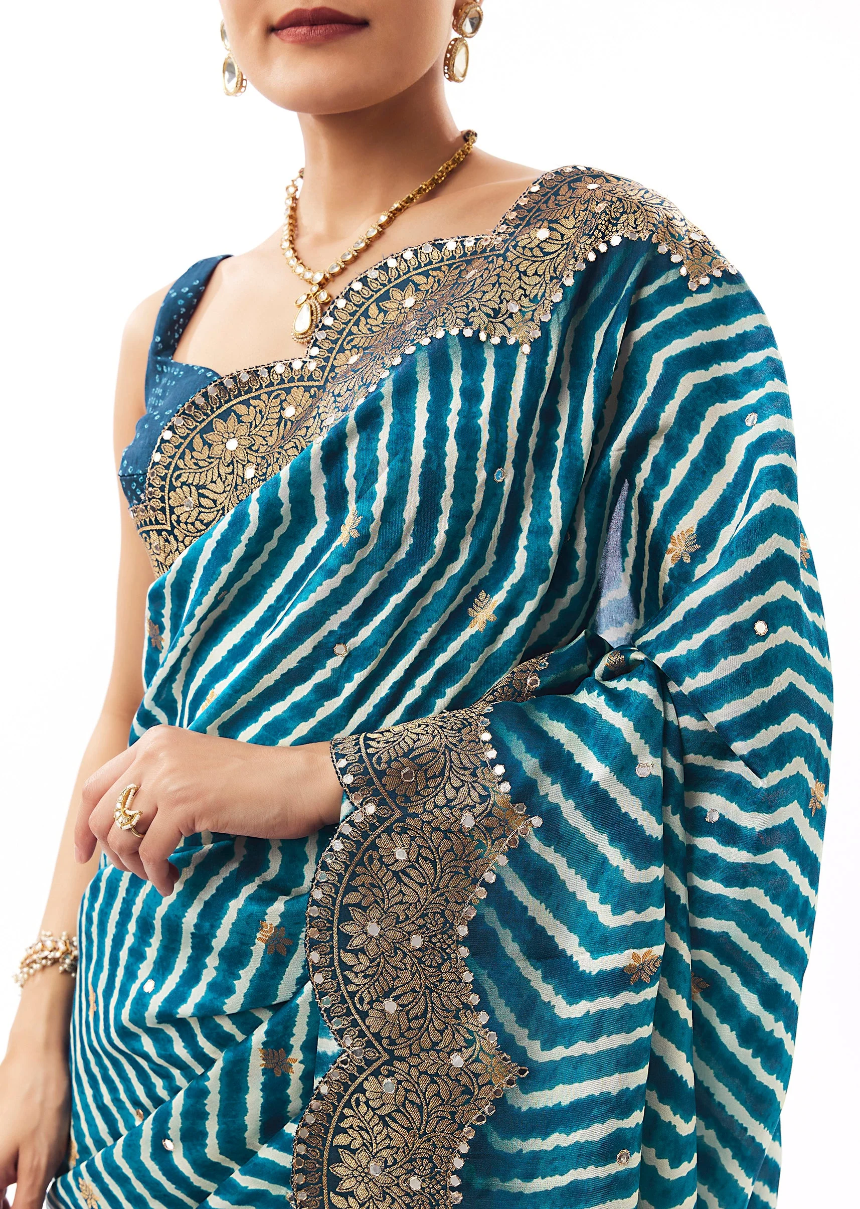 Teal Blue Lehariya Saree With Mirror Work - Image 2