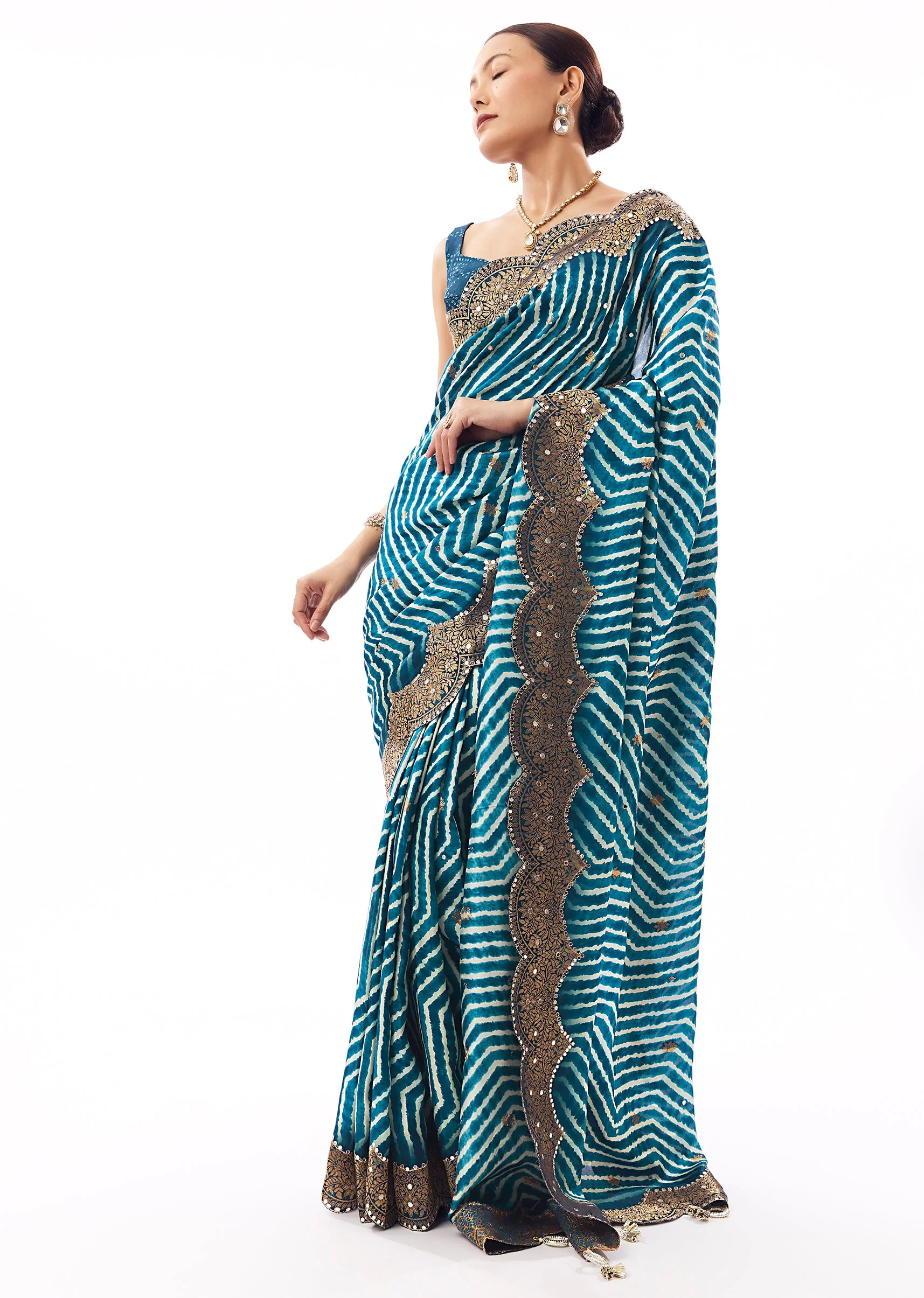 Teal Blue Lehariya Saree With Mirror Work - Image 3
