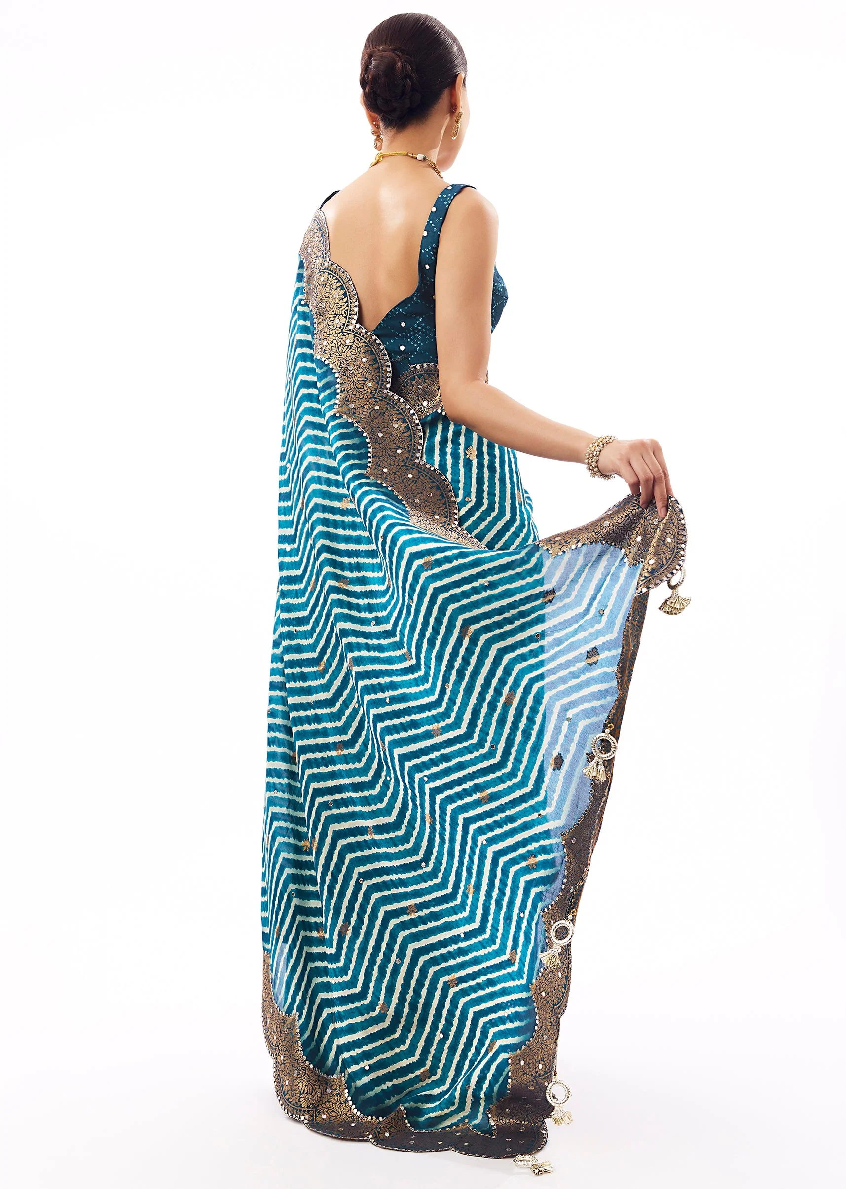 Teal Blue Lehariya Saree With Mirror Work - Image 4