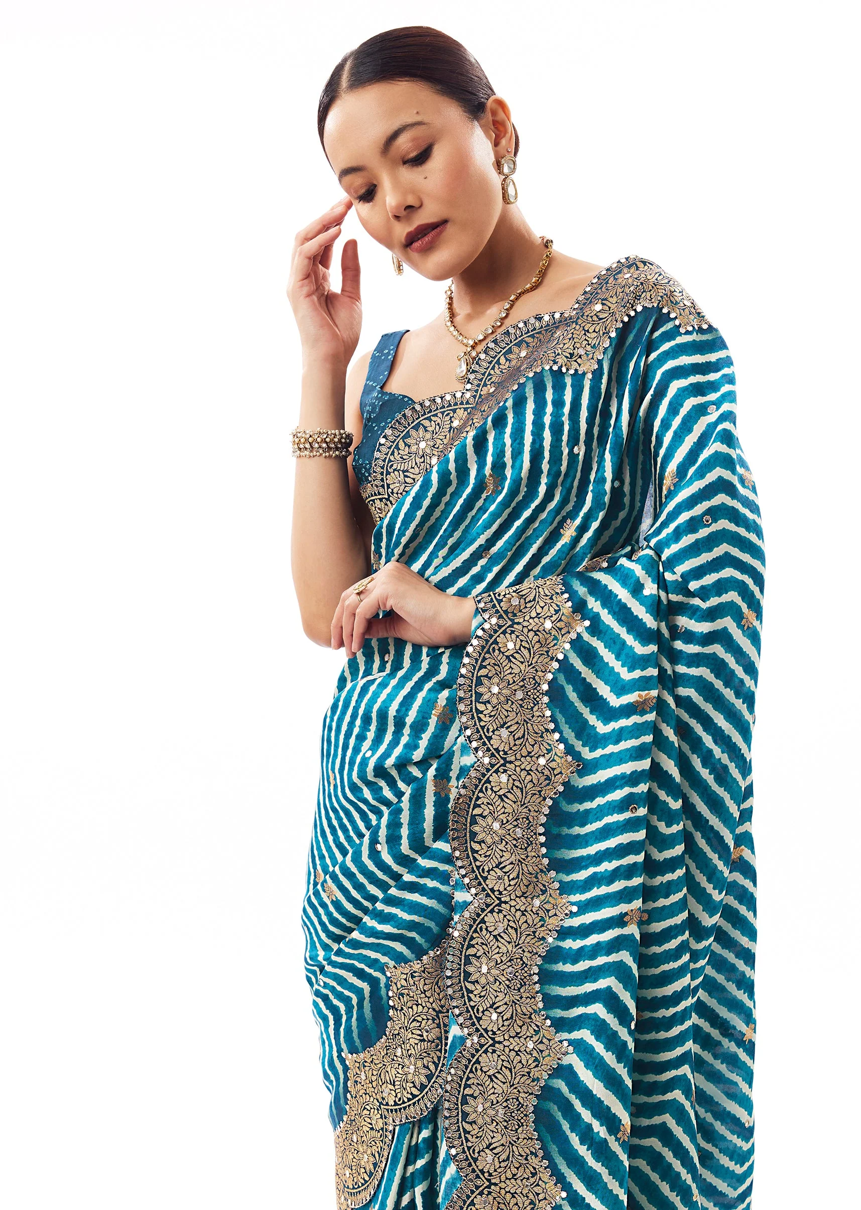 Teal Blue Lehariya Saree With Mirror Work - Image 5