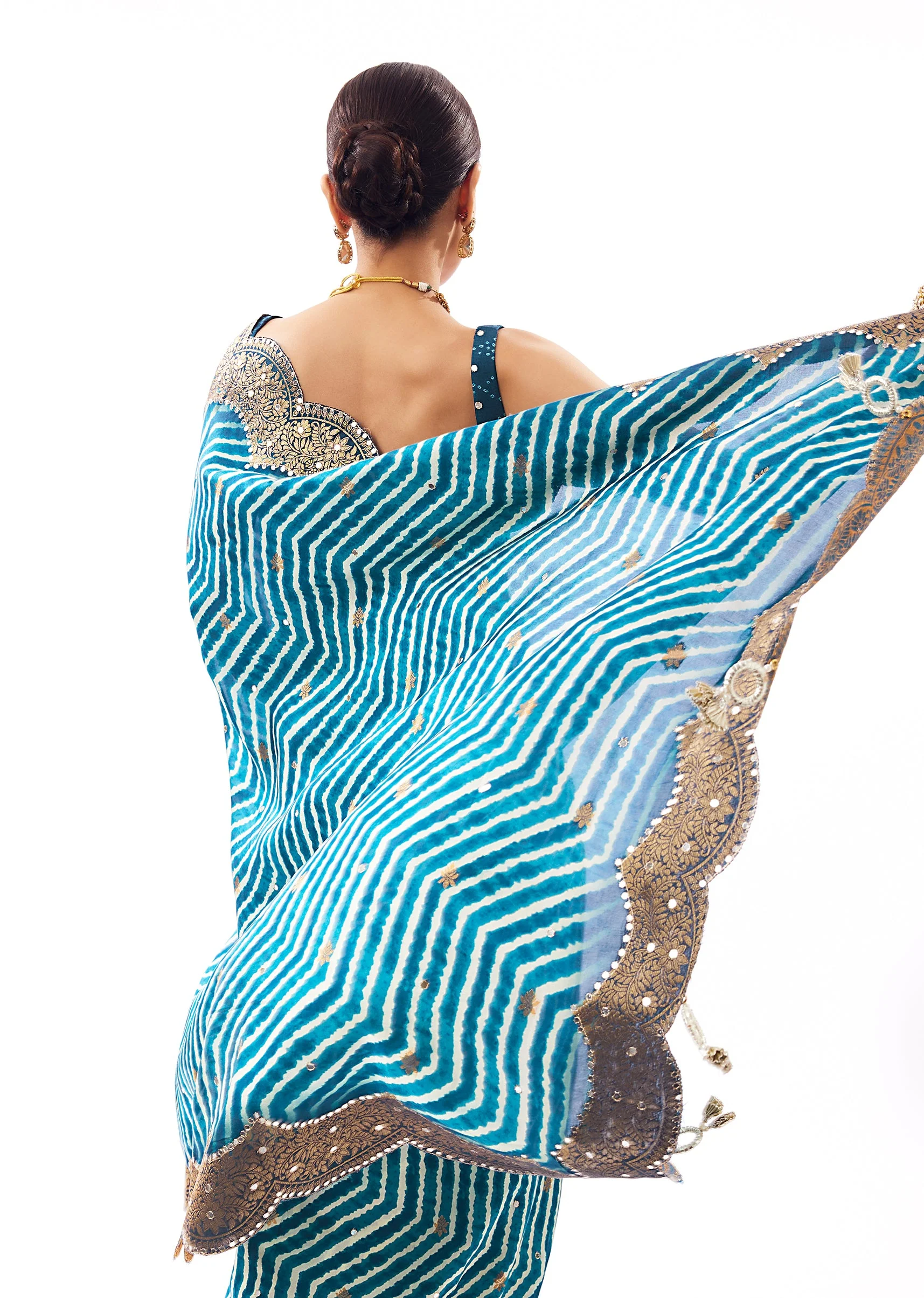 Teal Blue Lehariya Saree With Mirror Work - Image 6