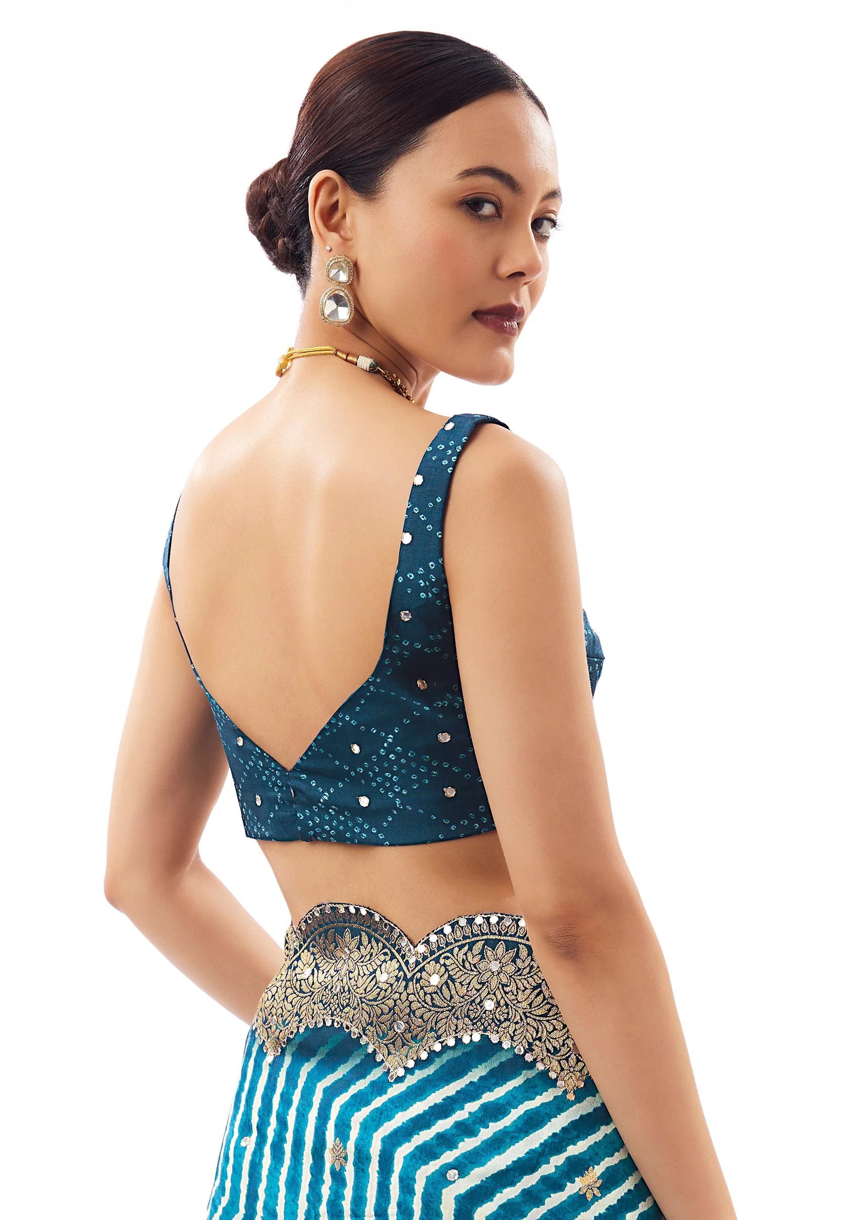 Teal Blue Lehariya Saree With Mirror Work - Image 8
