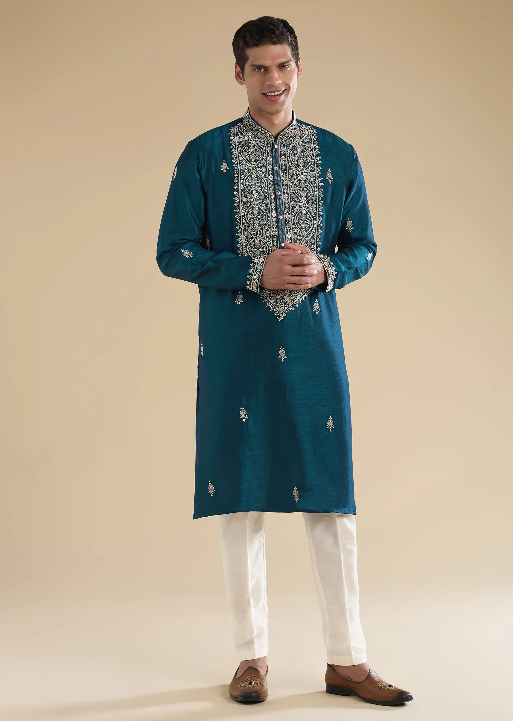 Teal Blue Mirror Detail Kurta Set - Image 2