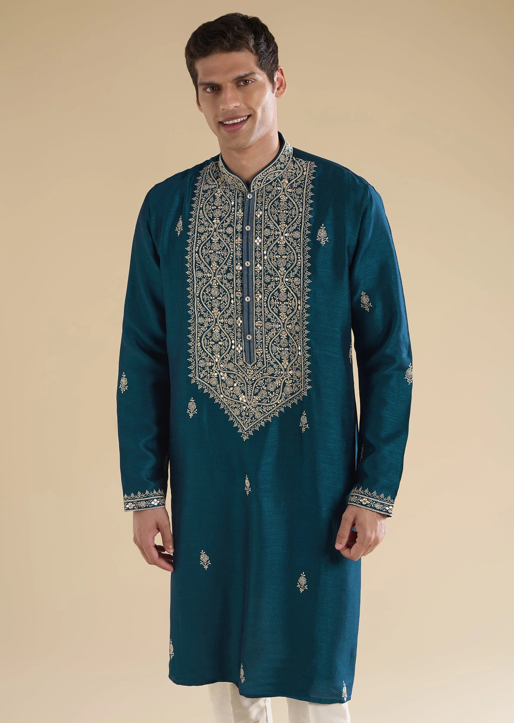 Teal Blue Mirror Detail Kurta Set - Image 3
