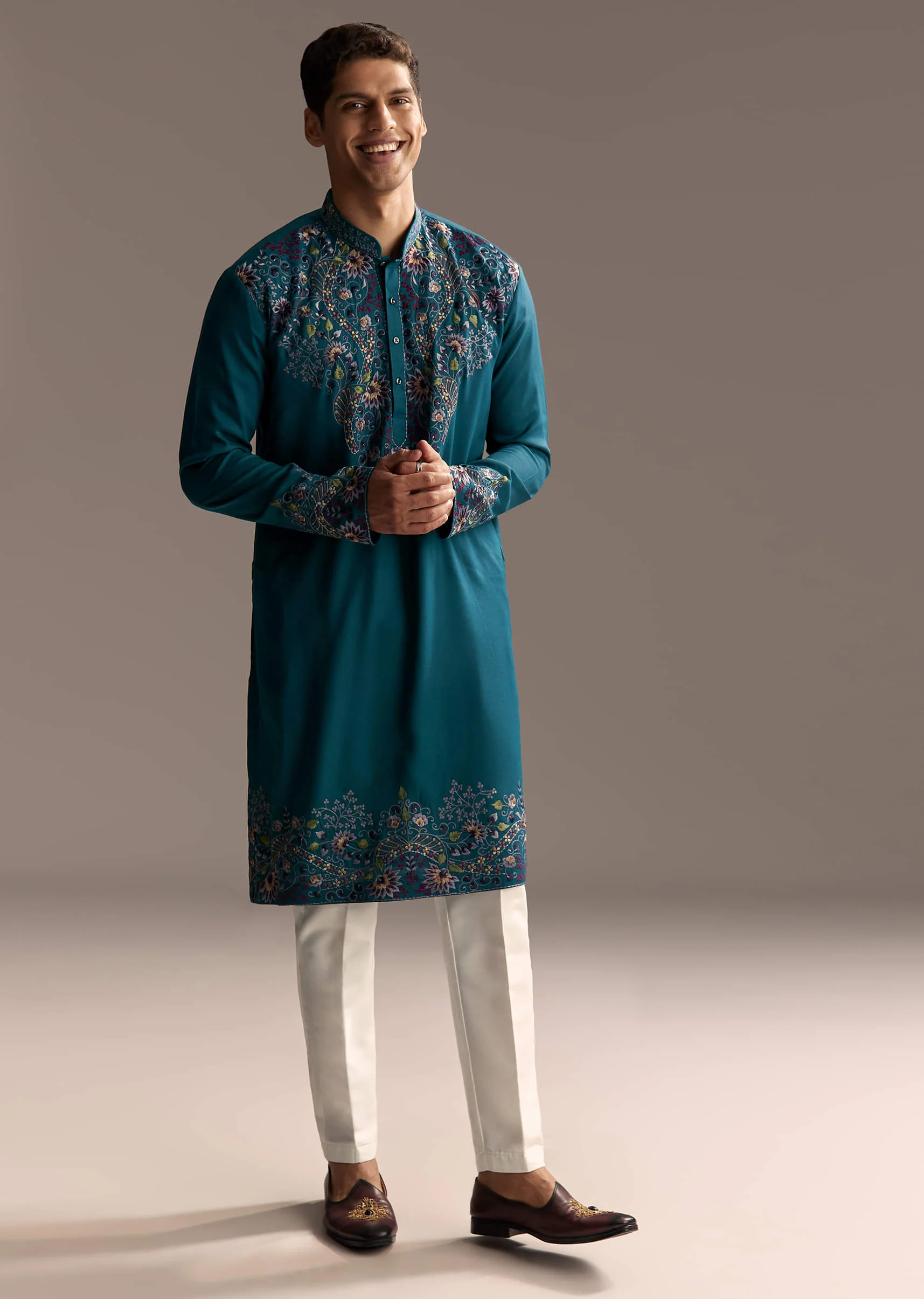 Teal Blue Modal Kurta Set For Men With Floral Resham Embroidery - Image 4