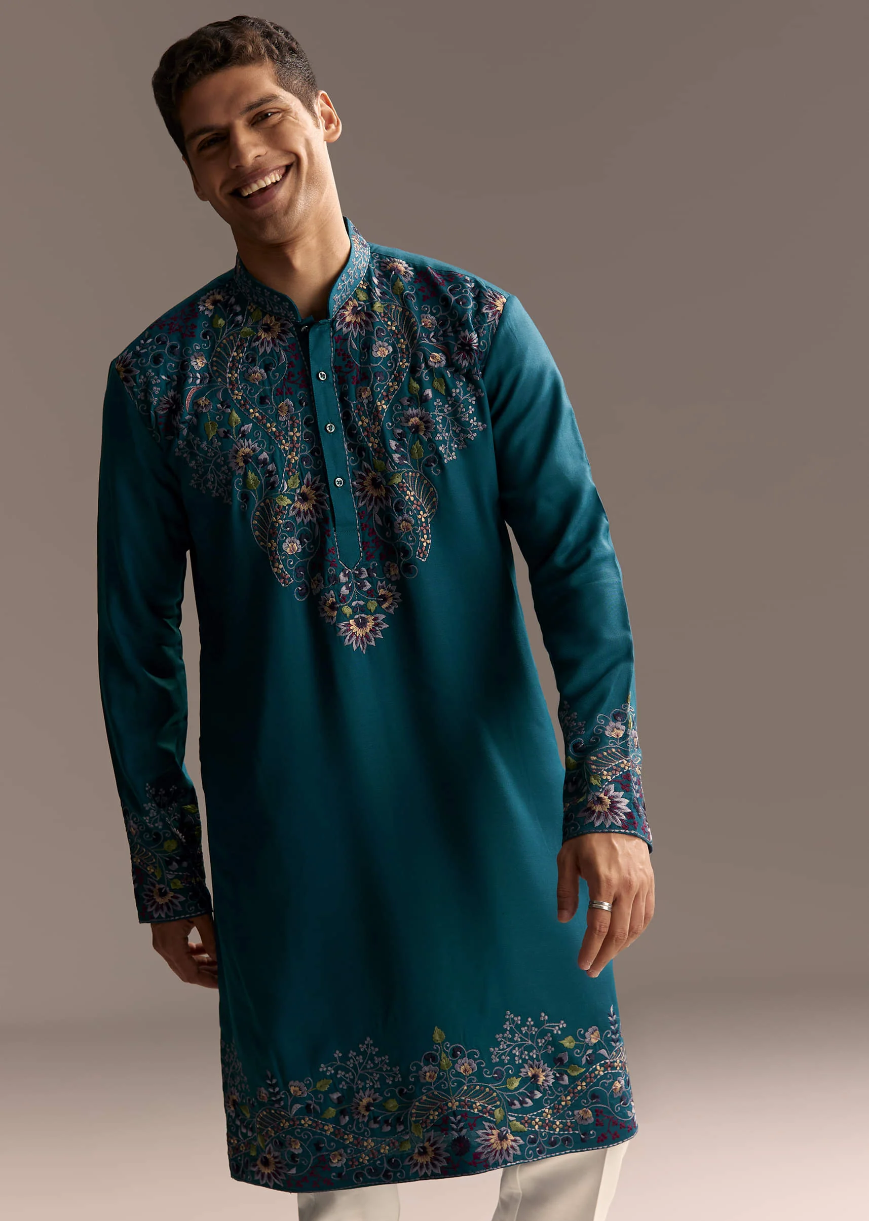 Teal Blue Modal Kurta Set For Men With Floral Resham Embroidery - Image 5