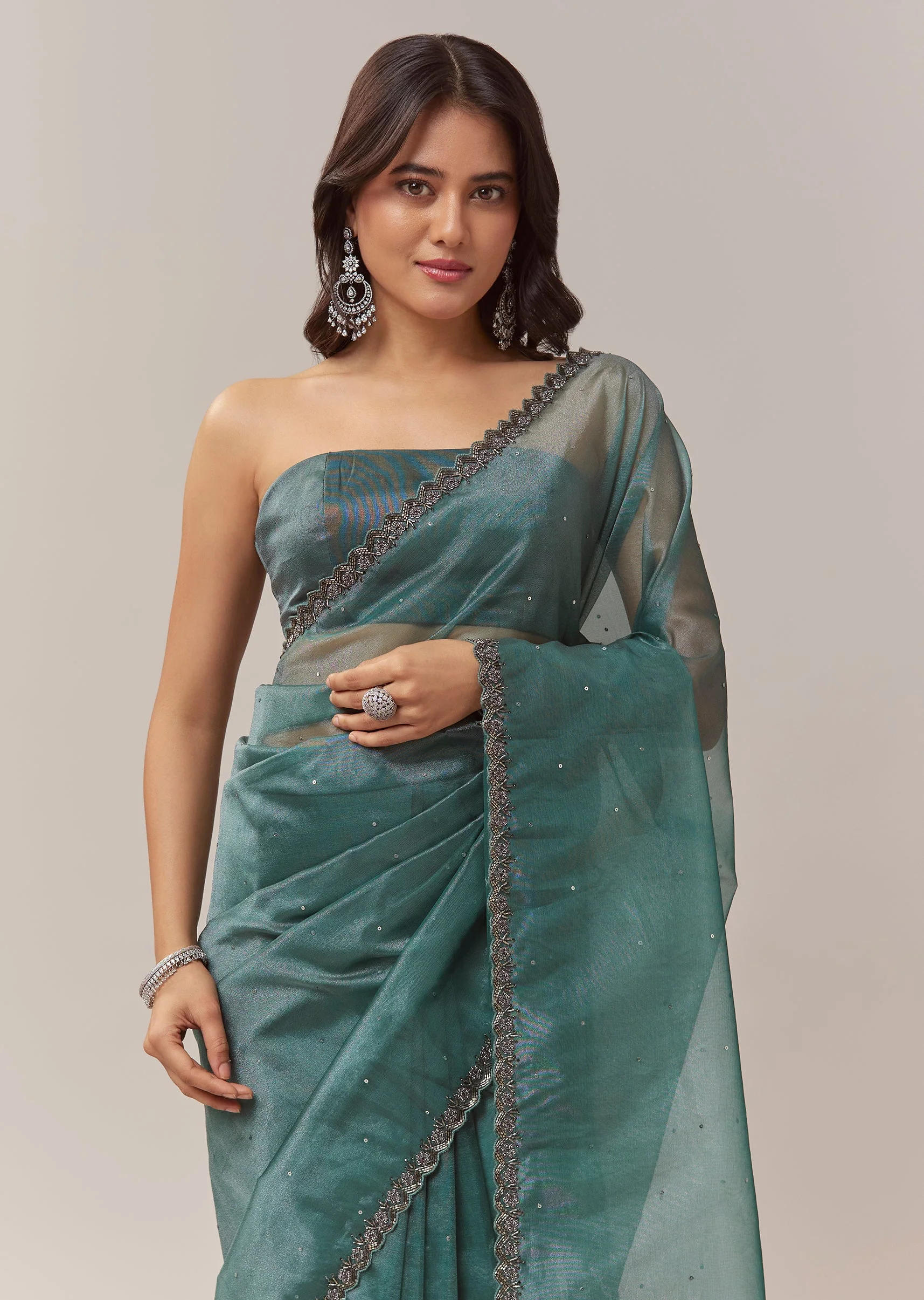 Teal Blue Net Saree With Zigzag Cutwork Border And Sequin Embroidery - Image 5