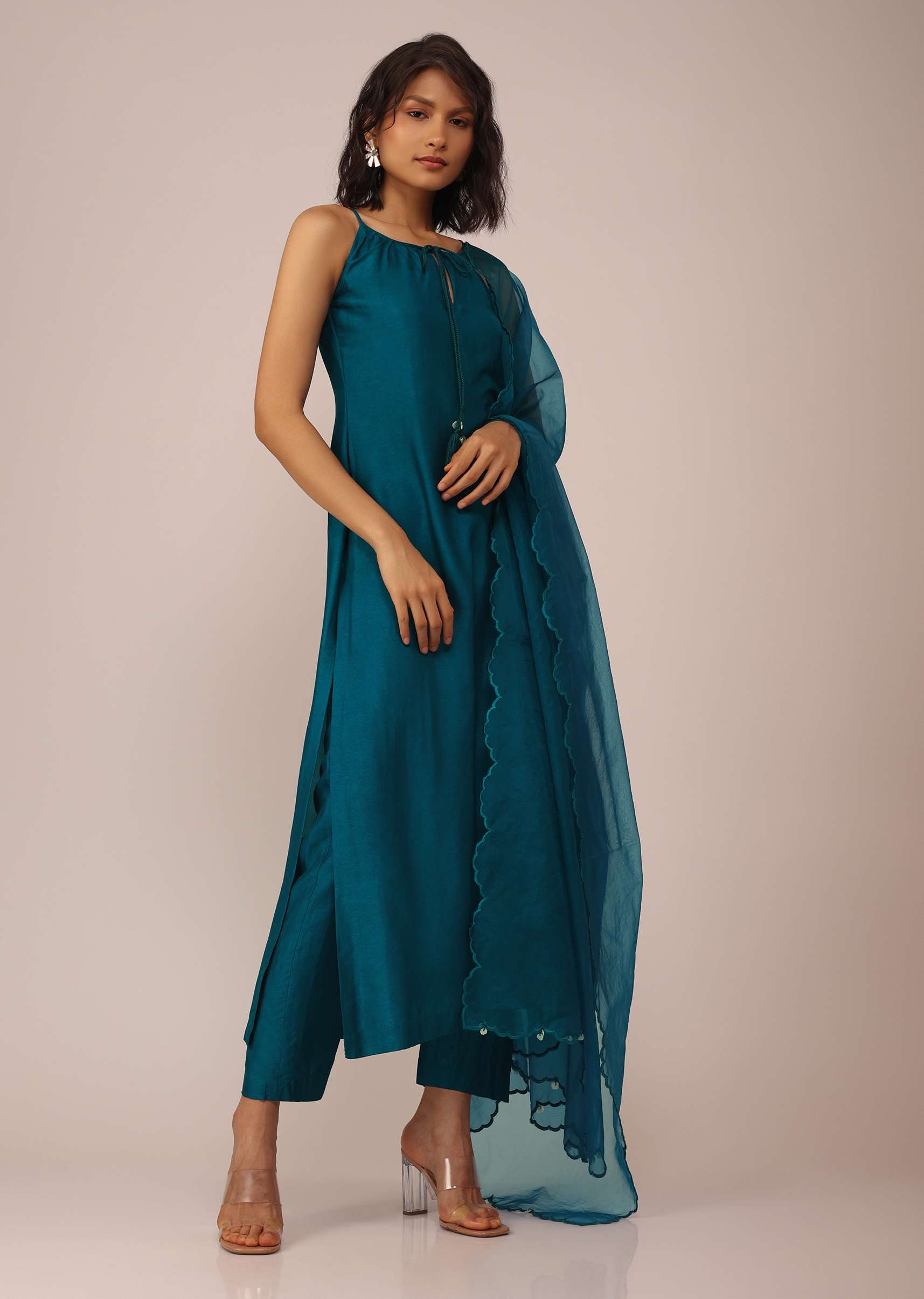 Teal Blue Plain Suit Set In Art Silk With Tassels Adorned Dupatta - Image 3
