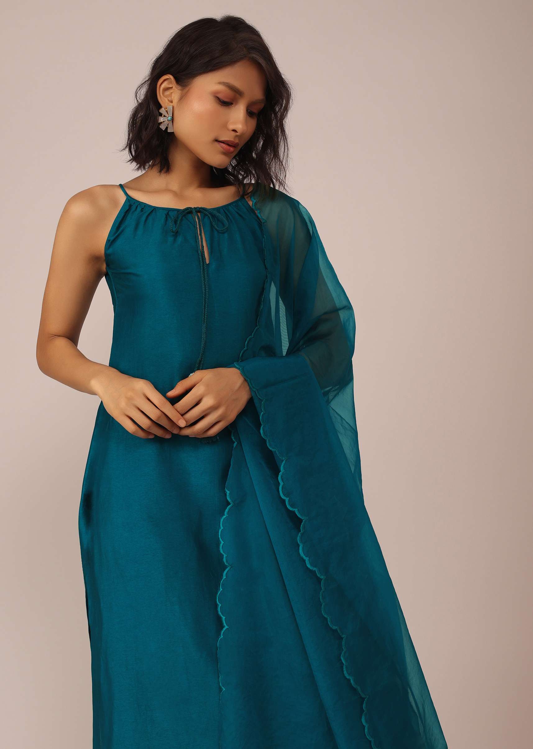 Teal Blue Plain Suit Set In Art Silk With Tassels Adorned Dupatta - Image 4