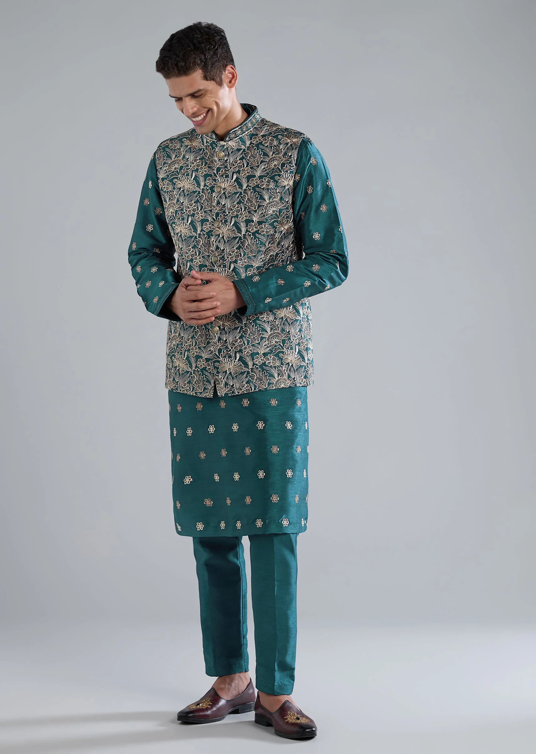 Teal Blue Printed Kurta Jacket Set With Resham Detailing
