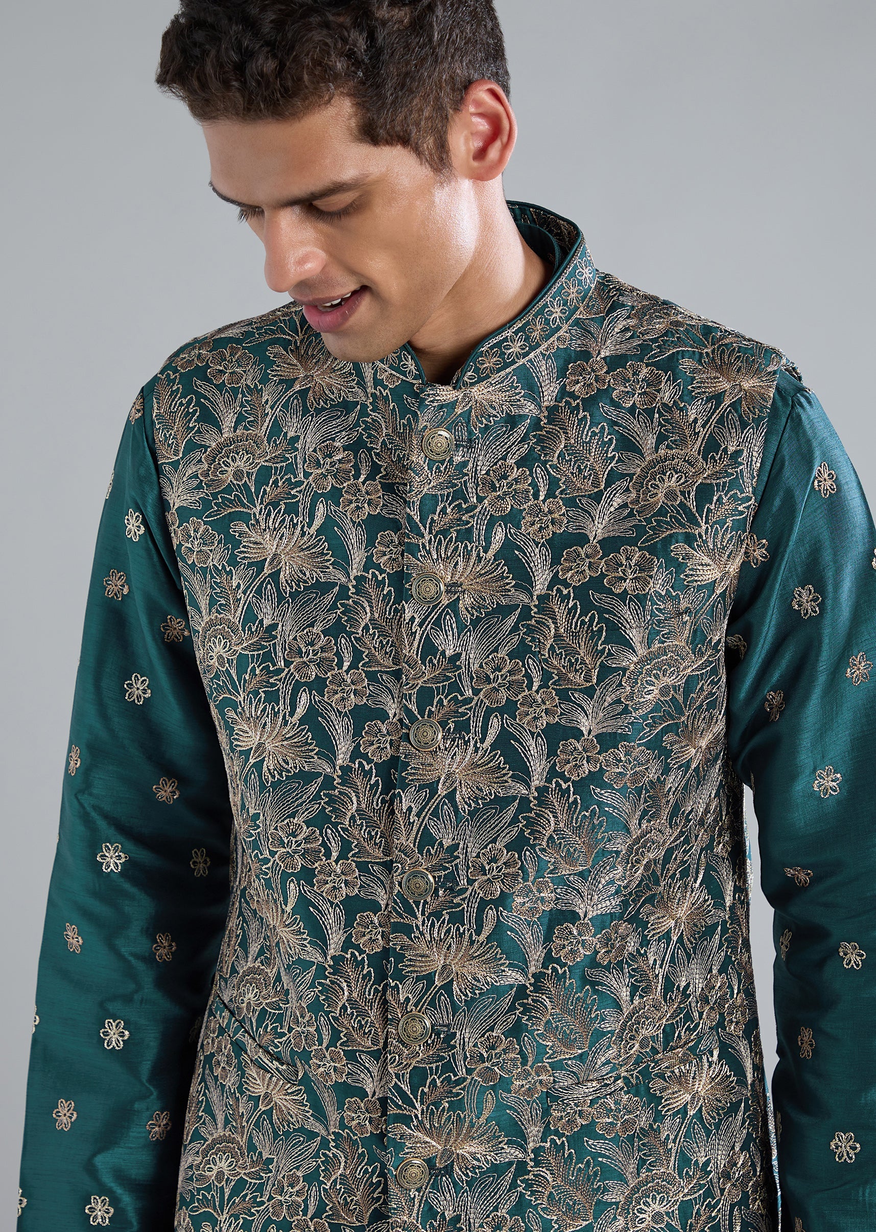 Teal Blue Printed Kurta Jacket Set With Resham Detailing - Image 2