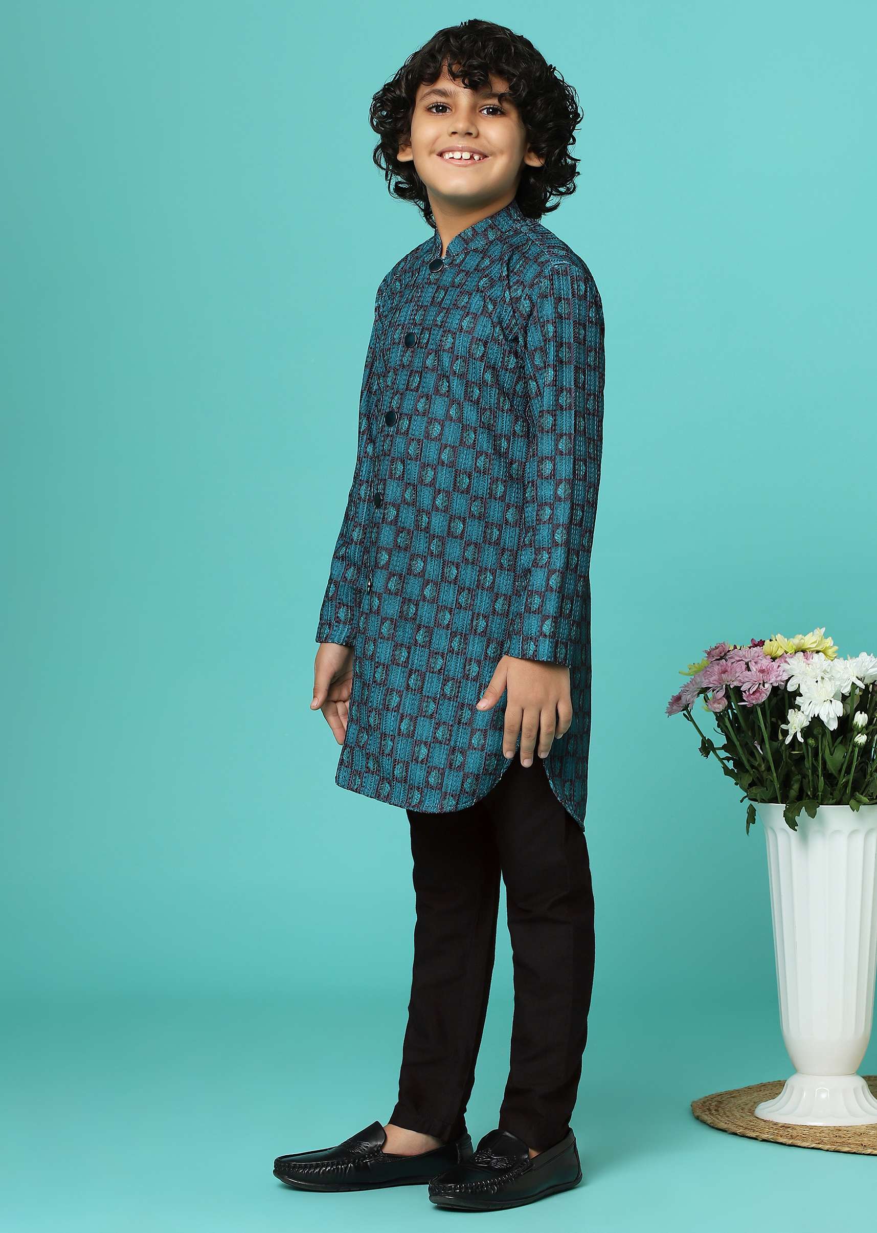 Teal Blue Printed Silk Kurta Pant Set - Image 3