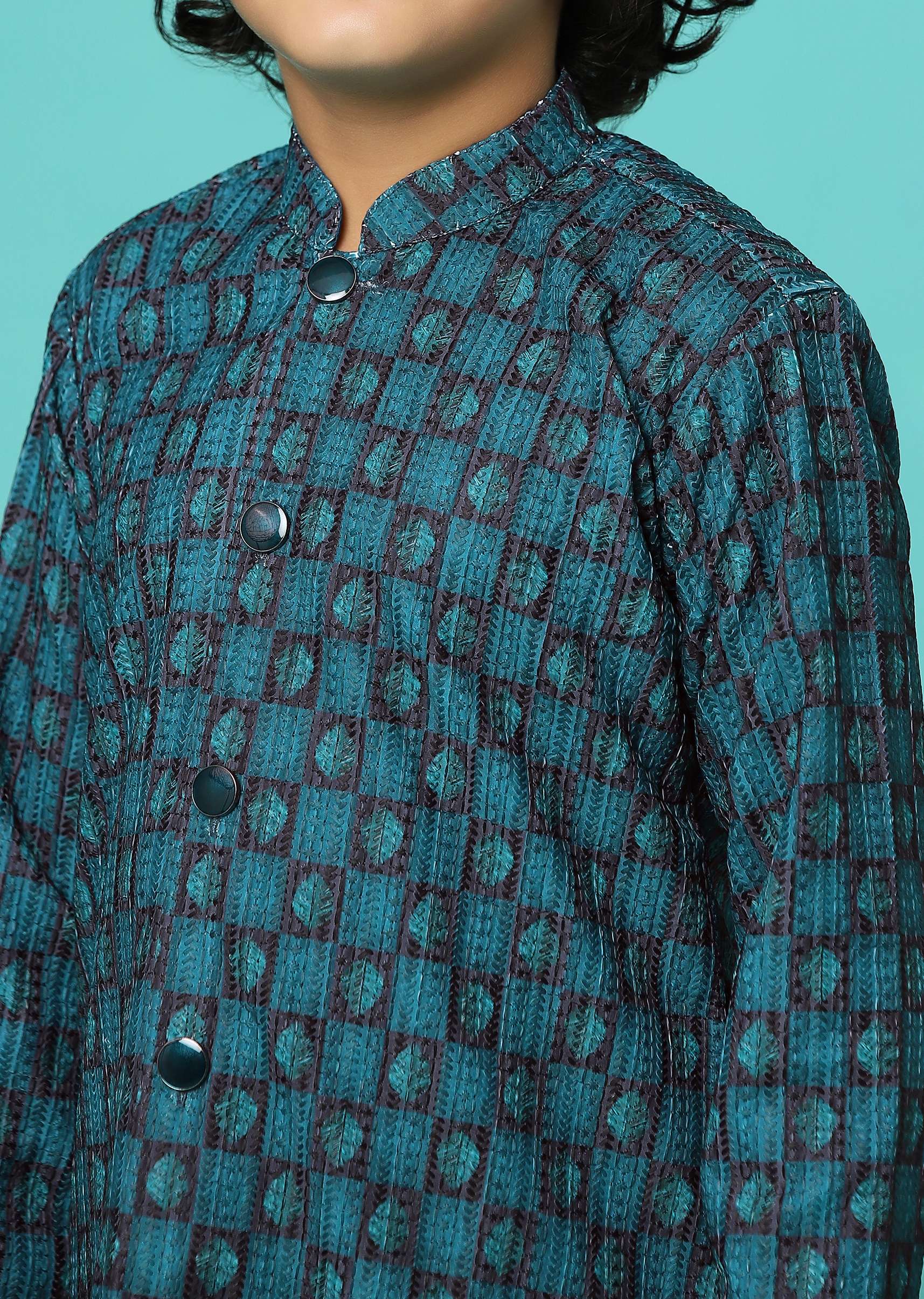 Teal Blue Printed Silk Kurta Pant Set - Image 4