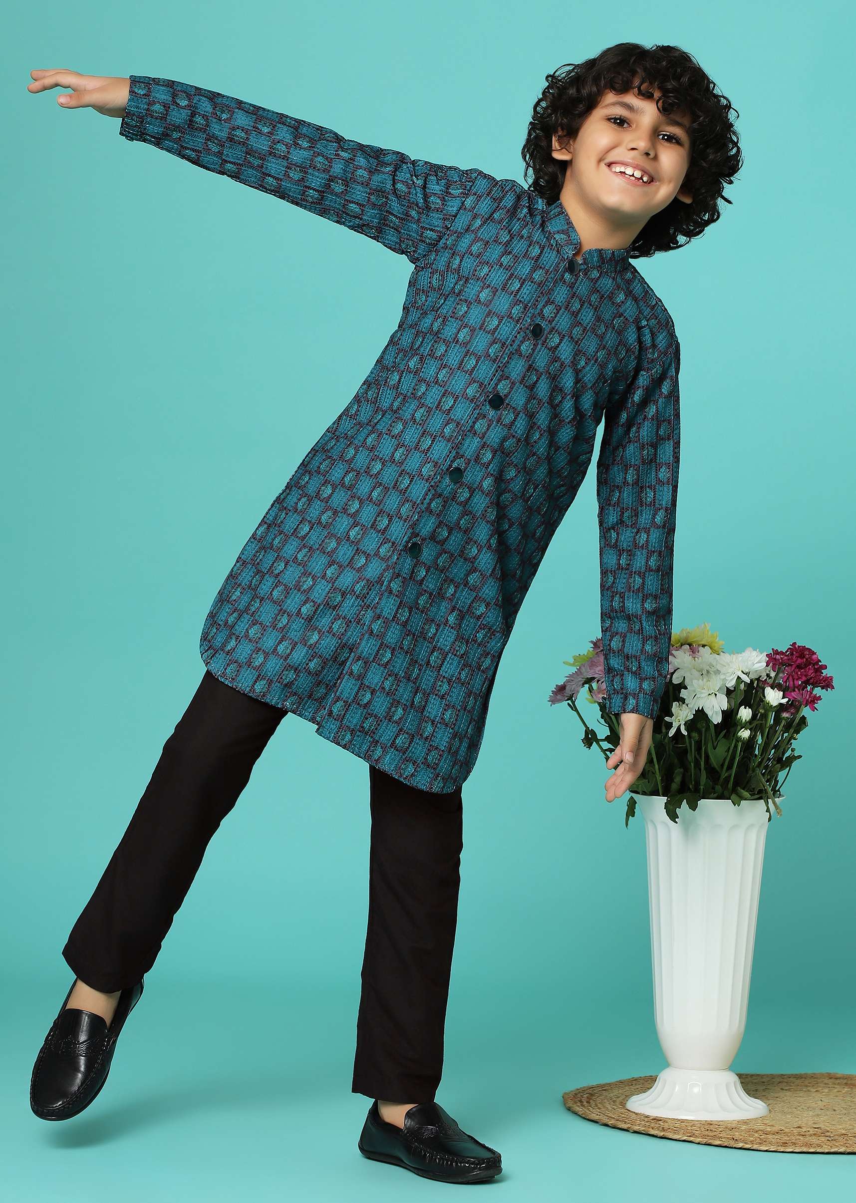 Teal Blue Printed Silk Kurta Pant Set - Image 5