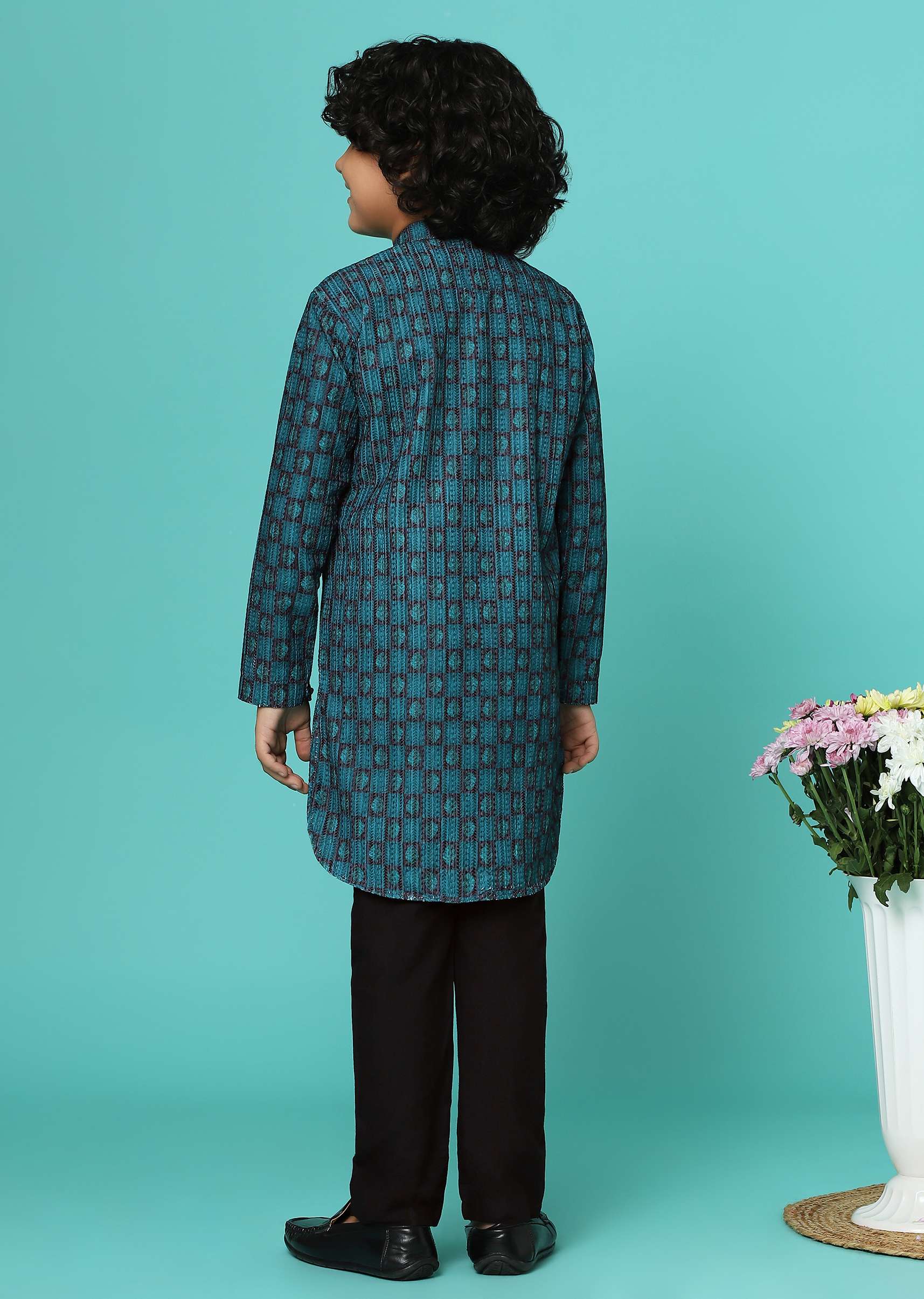 Teal Blue Printed Silk Kurta Pant Set - Image 6