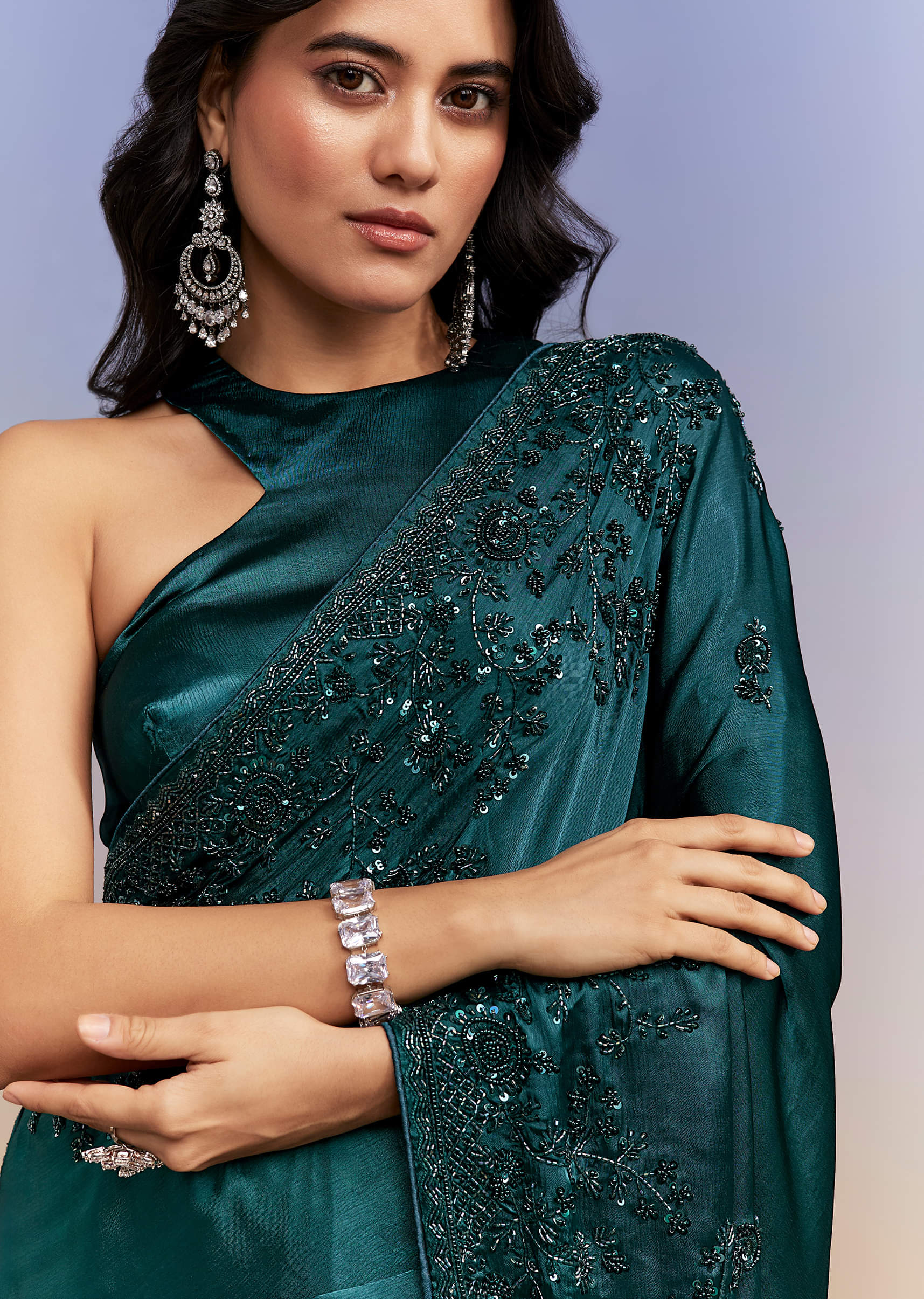 Teal Blue Satin Chinon Saree With Heavy Hand Embroidery - Image 2