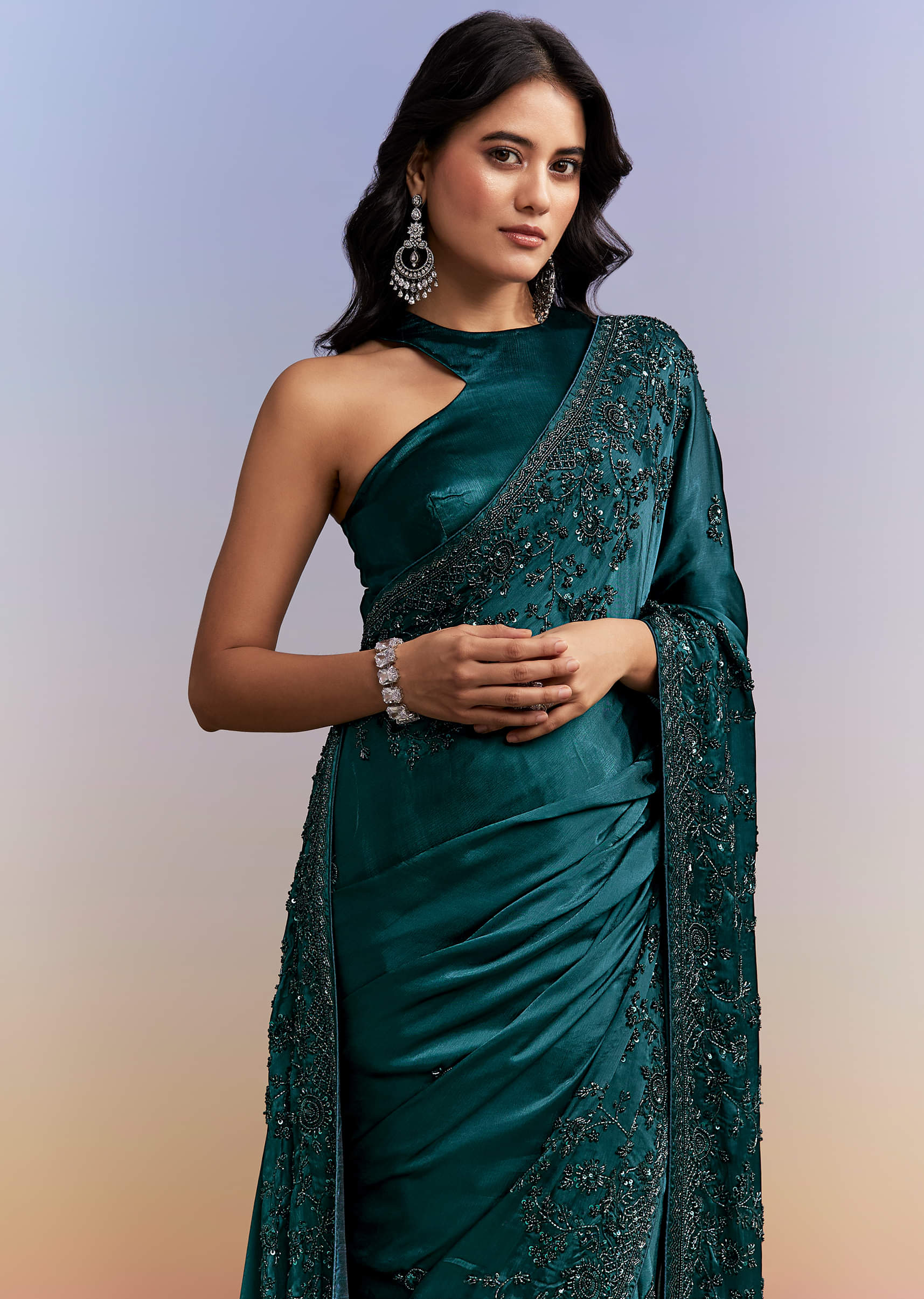 Teal Blue Satin Chinon Saree With Heavy Hand Embroidery - Image 5