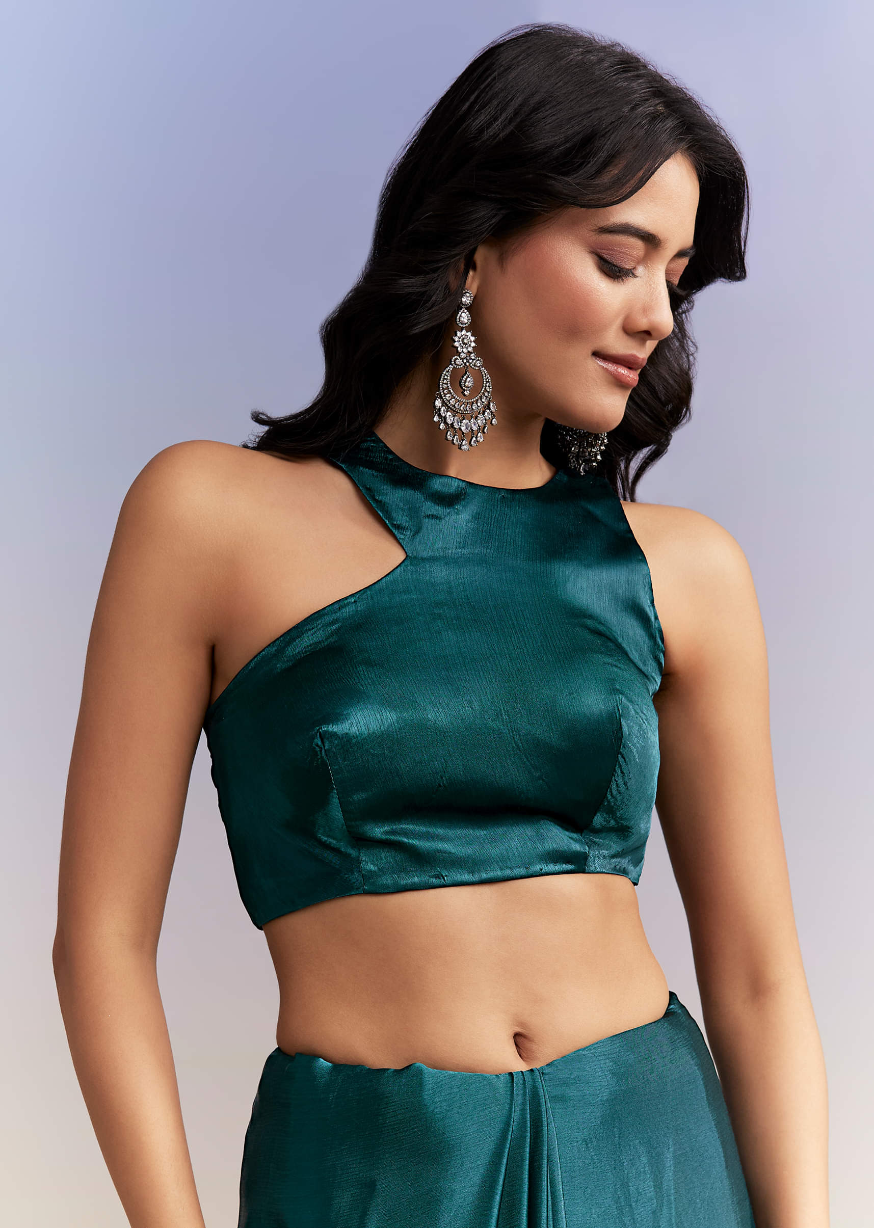 Teal Blue Satin Chinon Saree With Heavy Hand Embroidery - Image 7