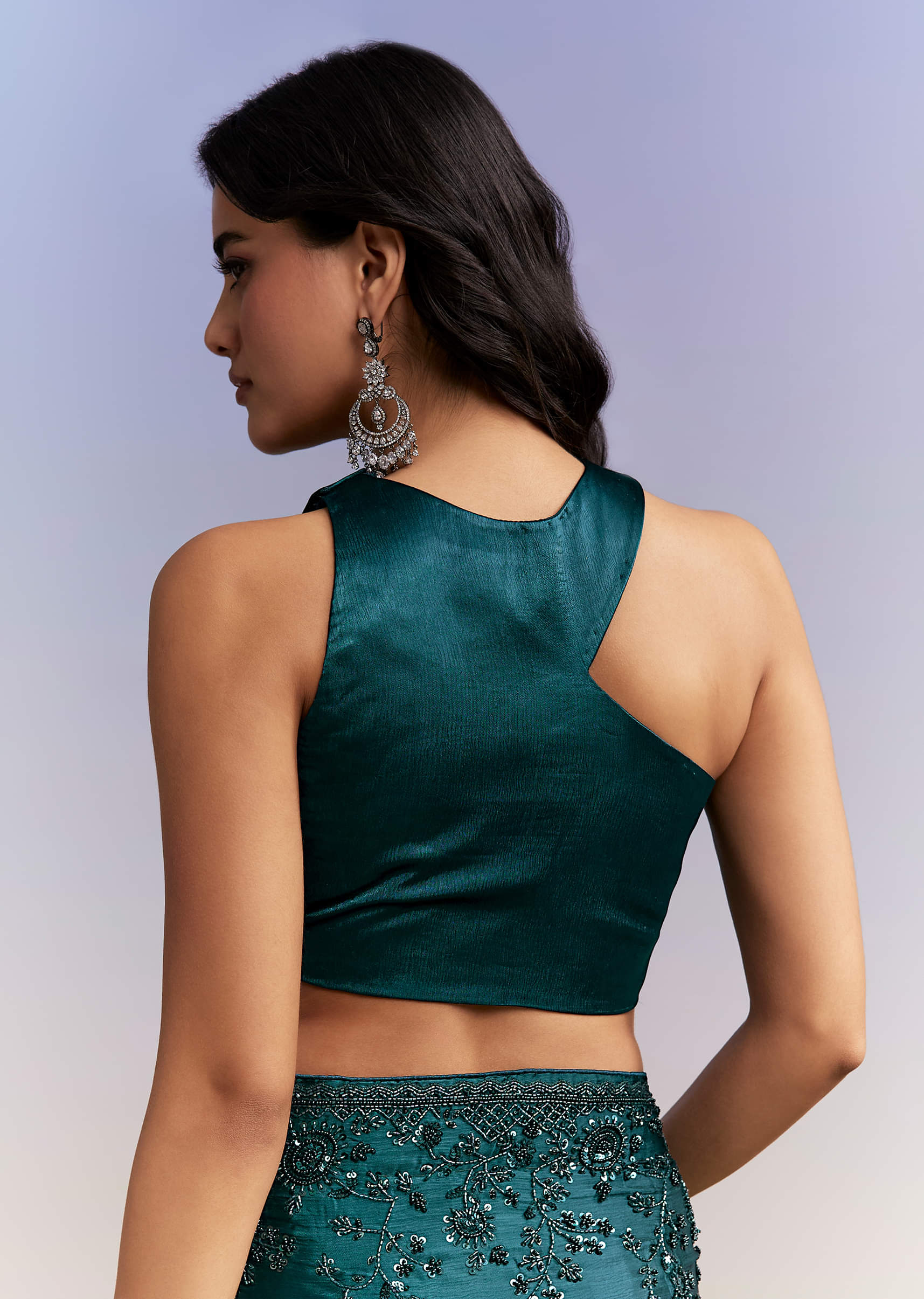 Teal Blue Satin Chinon Saree With Heavy Hand Embroidery - Image 8