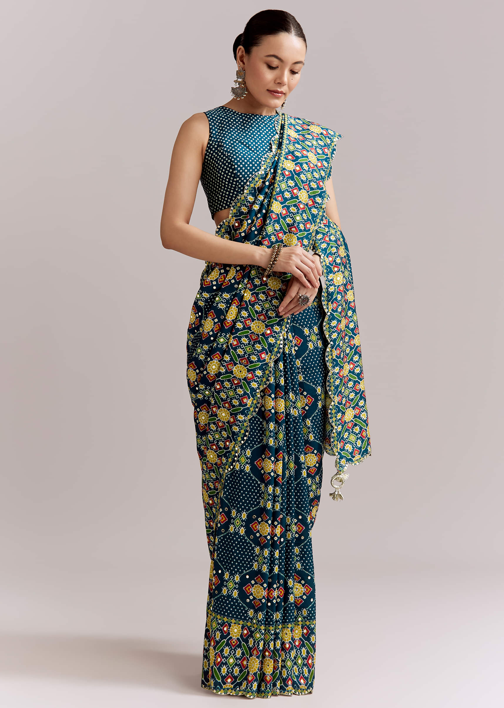 Teal Blue Satin Saree With Ajrakh Print And Scallop Gota Zari Border - Image 10