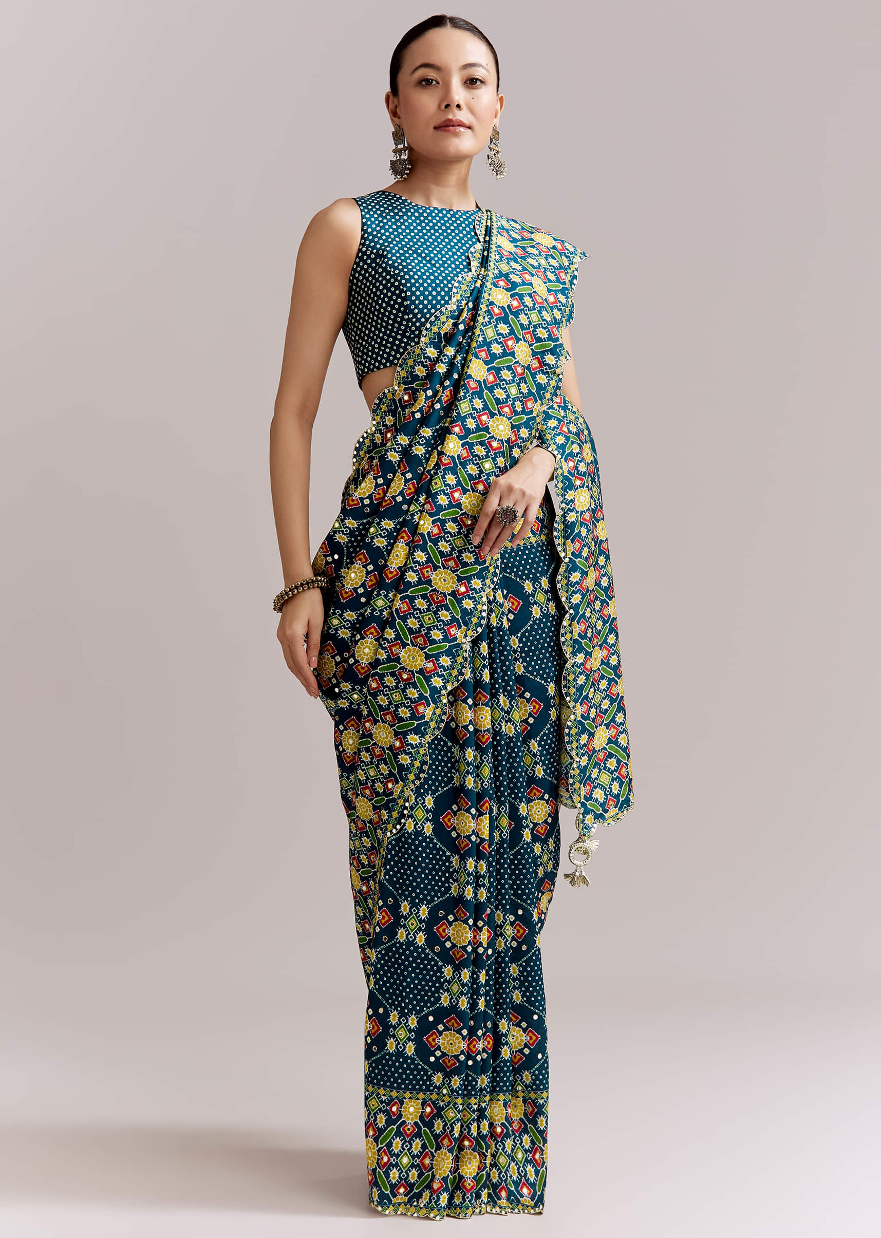 Teal Blue Satin Saree With Ajrakh Print And Scallop Gota Zari Border - Image 3