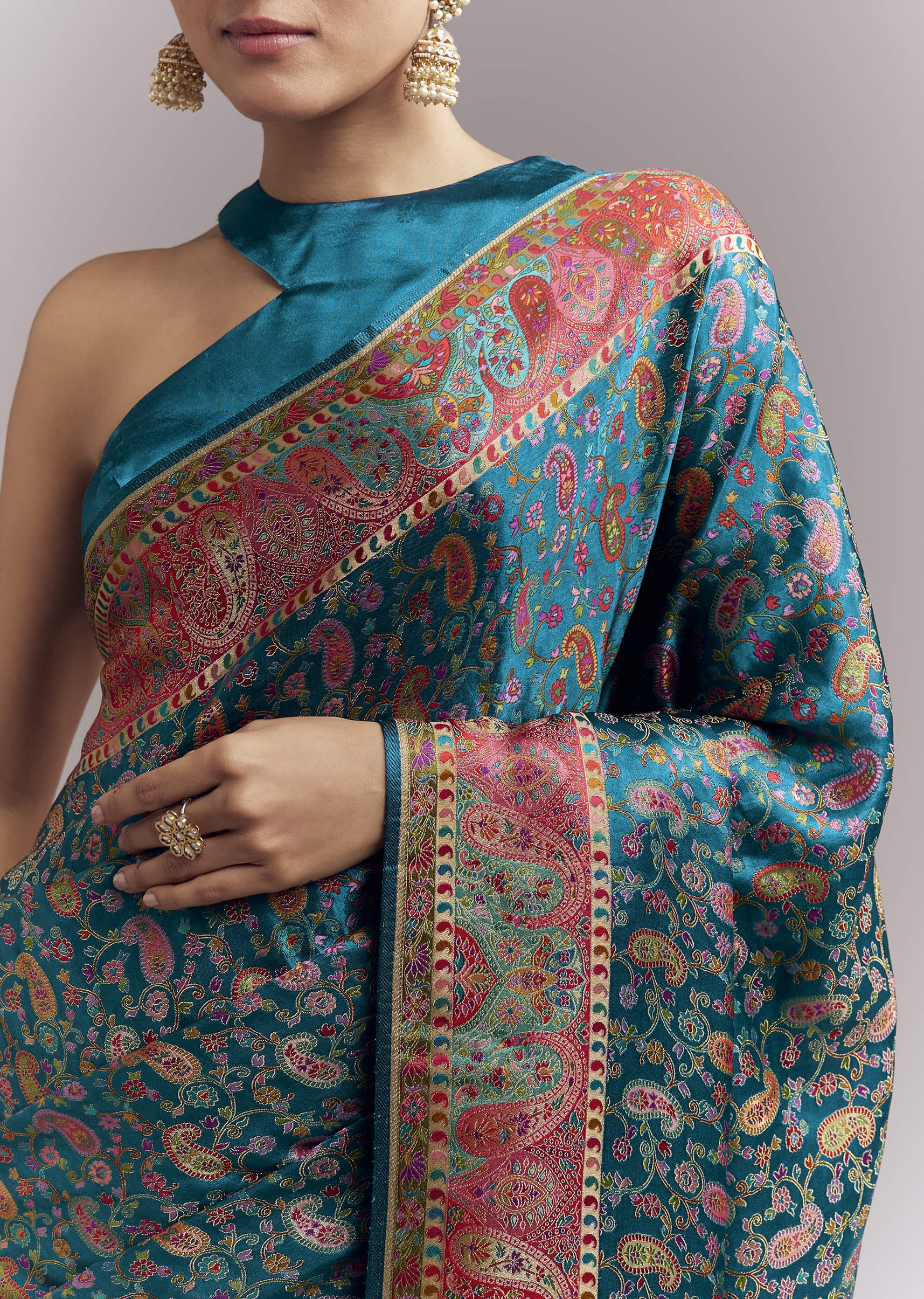 Teal Blue Satin Woven Saree With Multicolour Traditional Motifs - Image 2