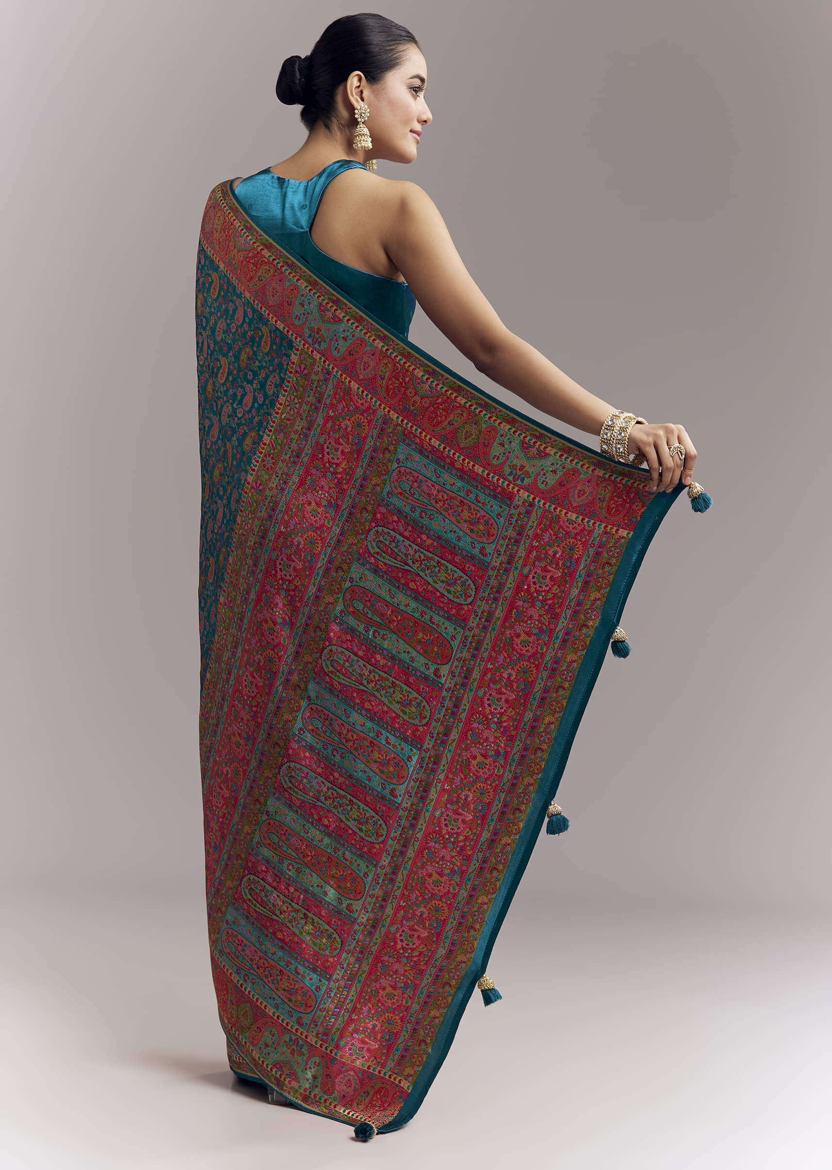 Teal Blue Satin Woven Saree With Multicolour Traditional Motifs - Image 4