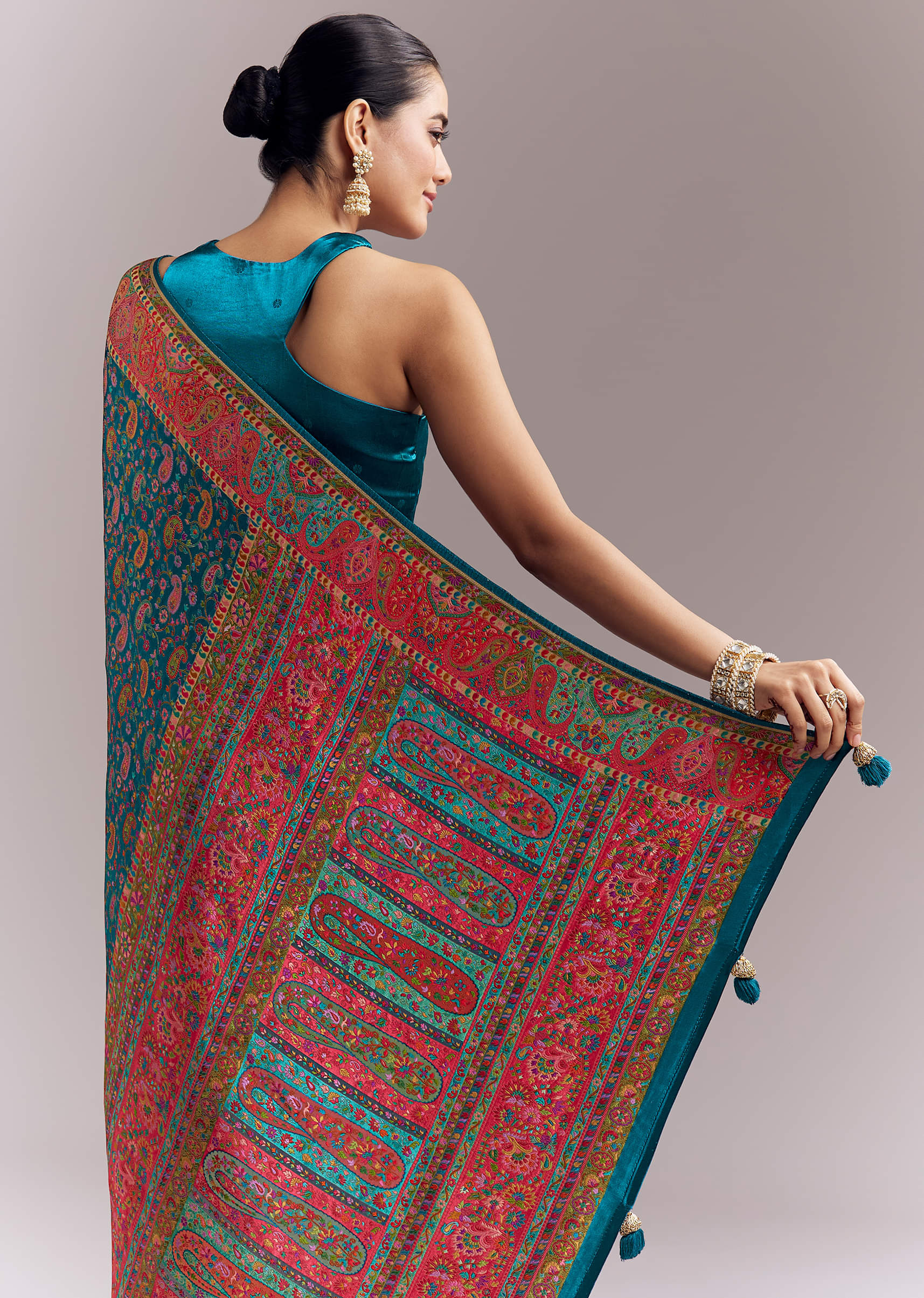 Teal Blue Satin Woven Saree With Multicolour Traditional Motifs - Image 6
