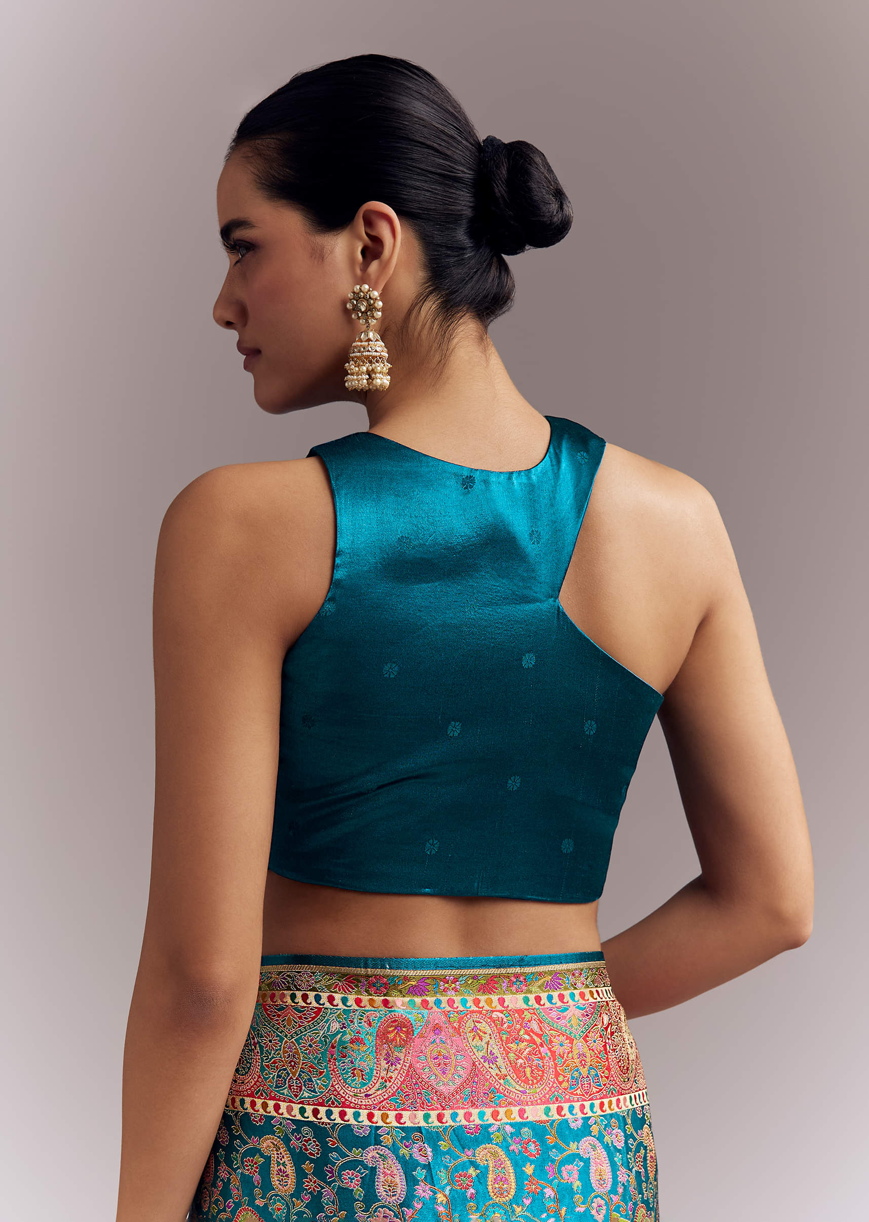 Teal Blue Satin Woven Saree With Multicolour Traditional Motifs - Image 7
