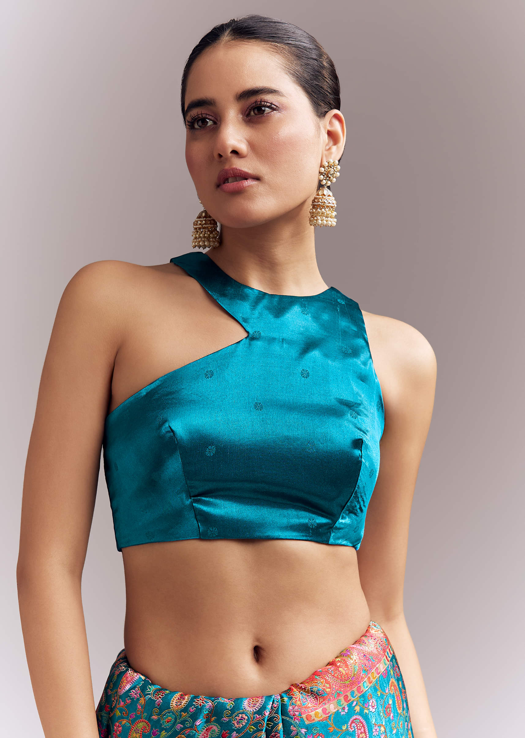 Teal Blue Satin Woven Saree With Multicolour Traditional Motifs - Image 8