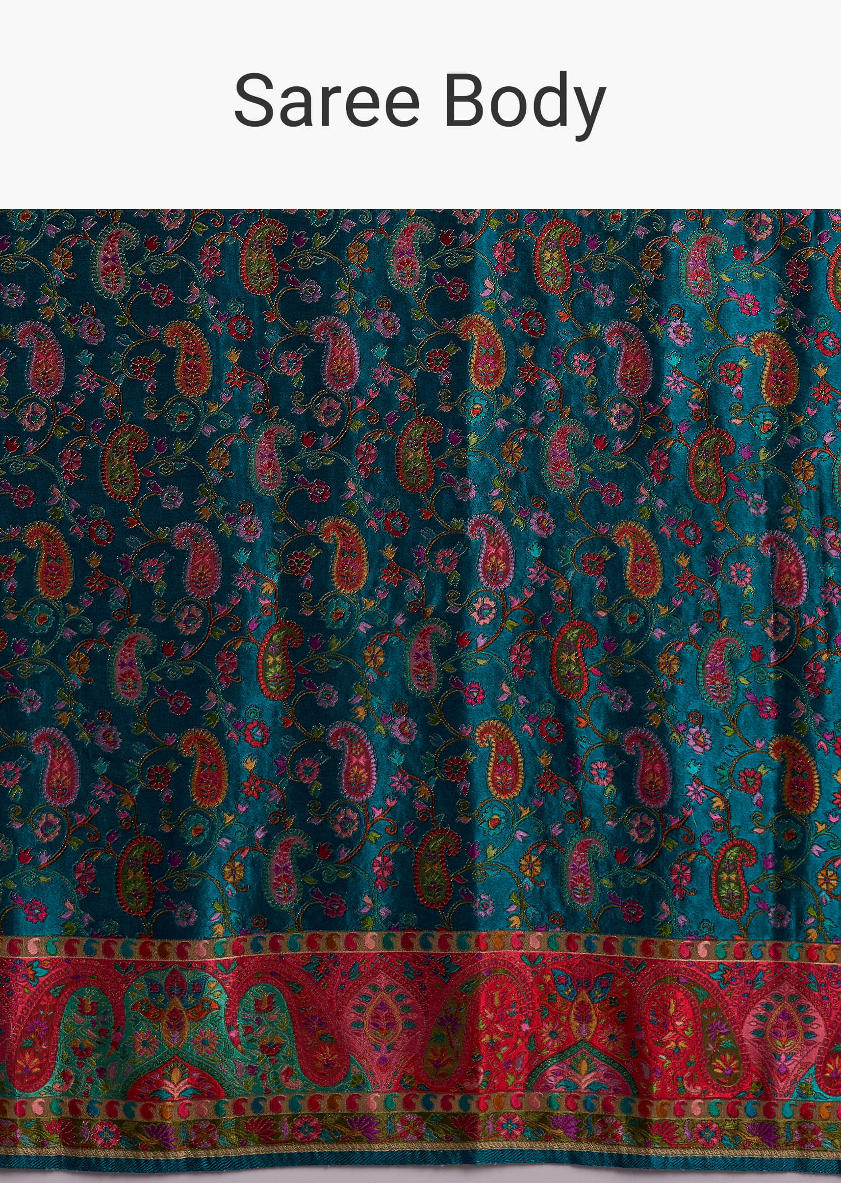Teal Blue Satin Woven Saree With Multicolour Traditional Motifs - Image 9