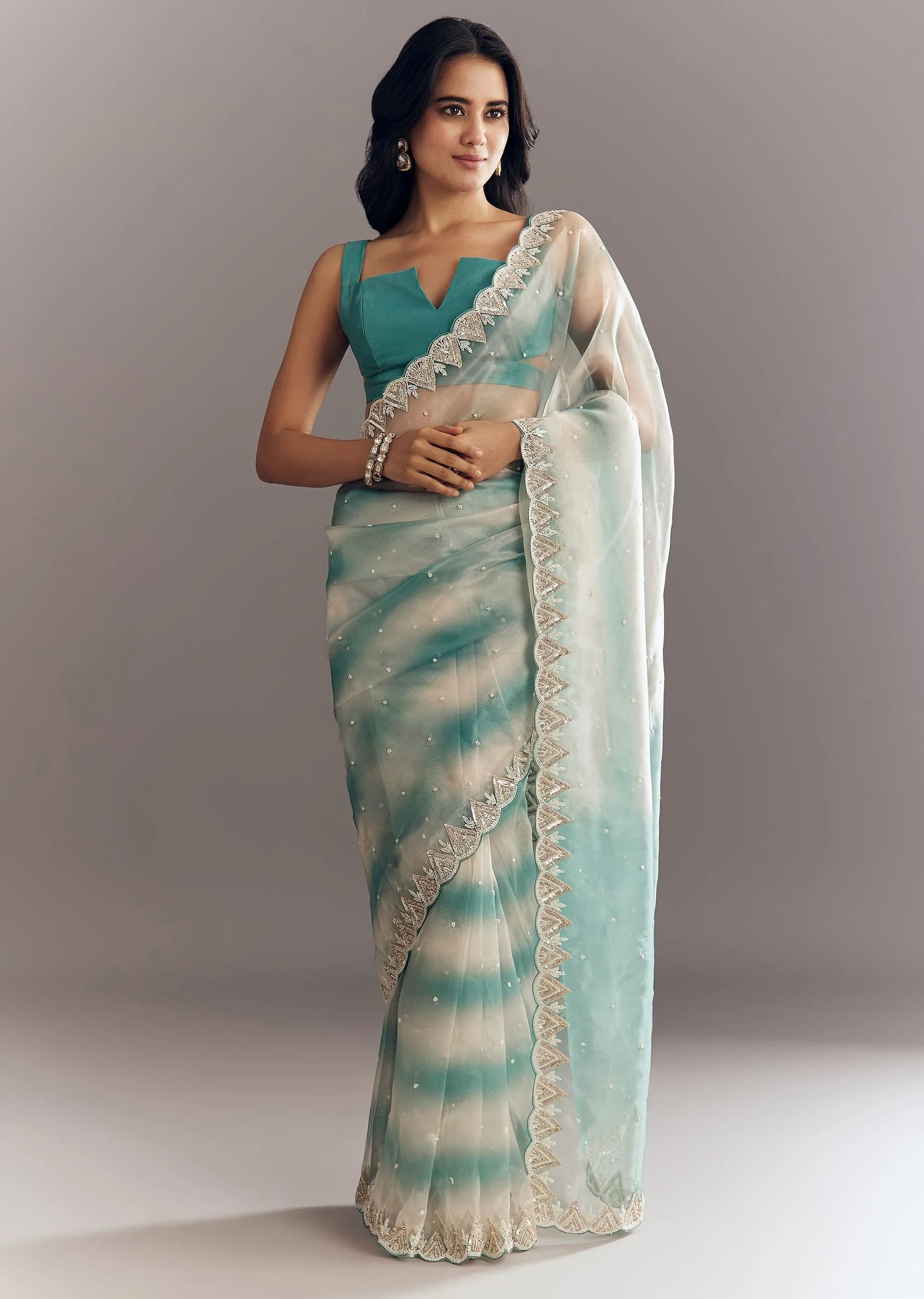 Teal Blue Shaded Organza Saree With Moti Stone Sequins Embroidery And Cutwork Scallop Border - Image 3