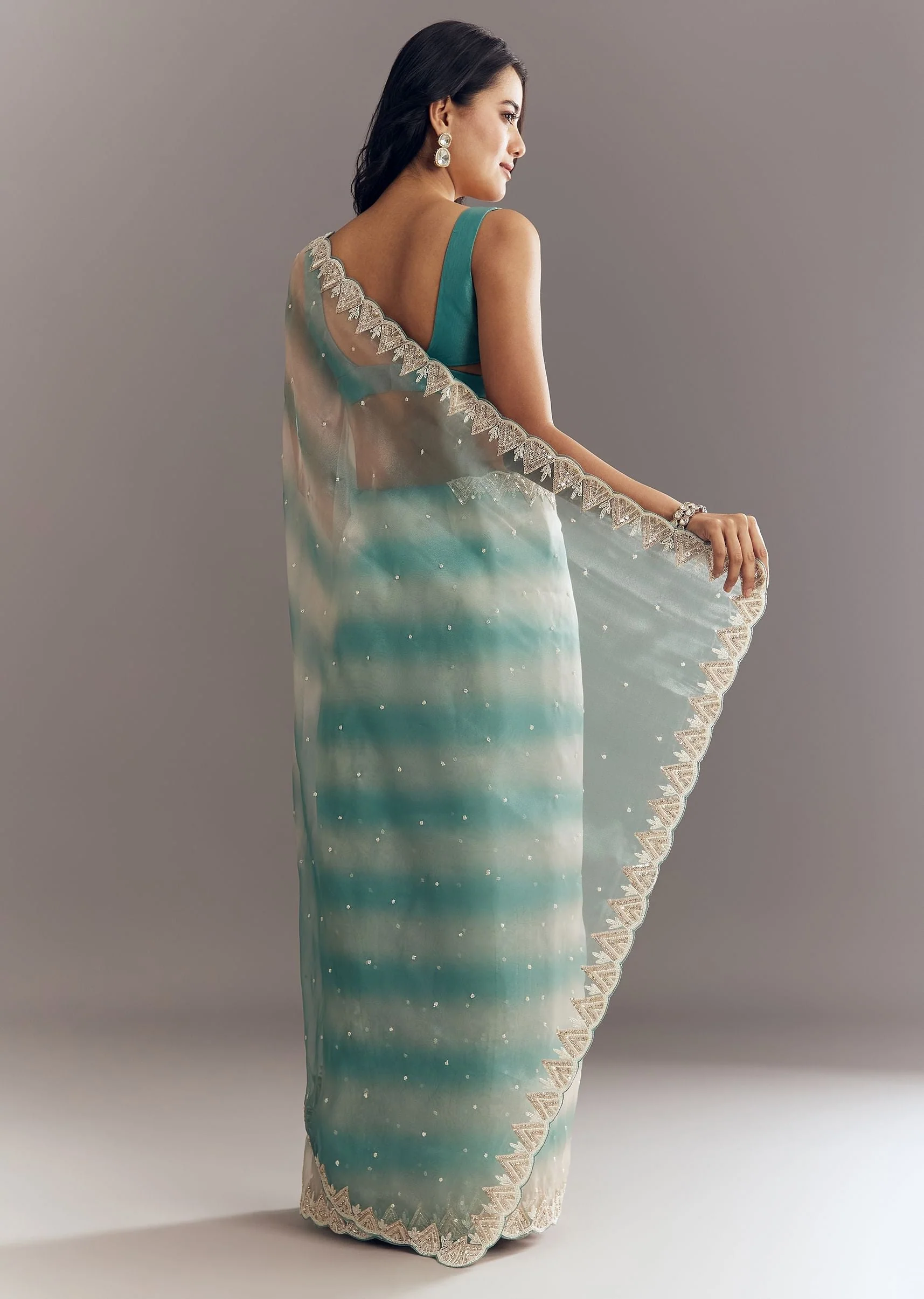 Teal Blue Shaded Organza Saree With Moti Stone Sequins Embroidery And Cutwork Scallop Border - Image 4