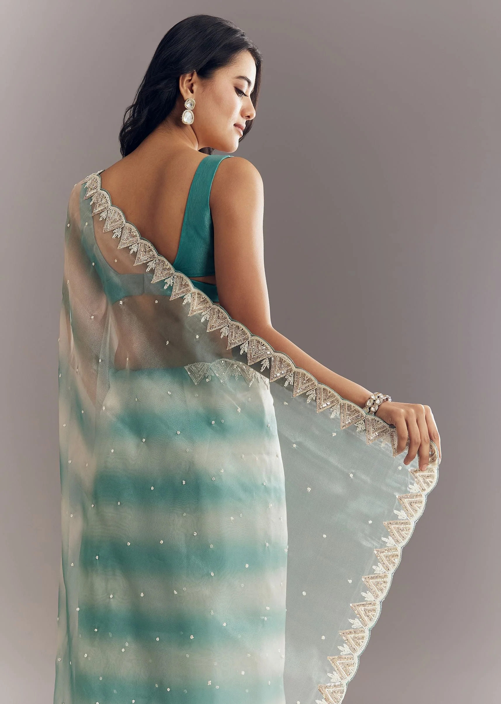Teal Blue Shaded Organza Saree With Moti Stone Sequins Embroidery And Cutwork Scallop Border - Image 6