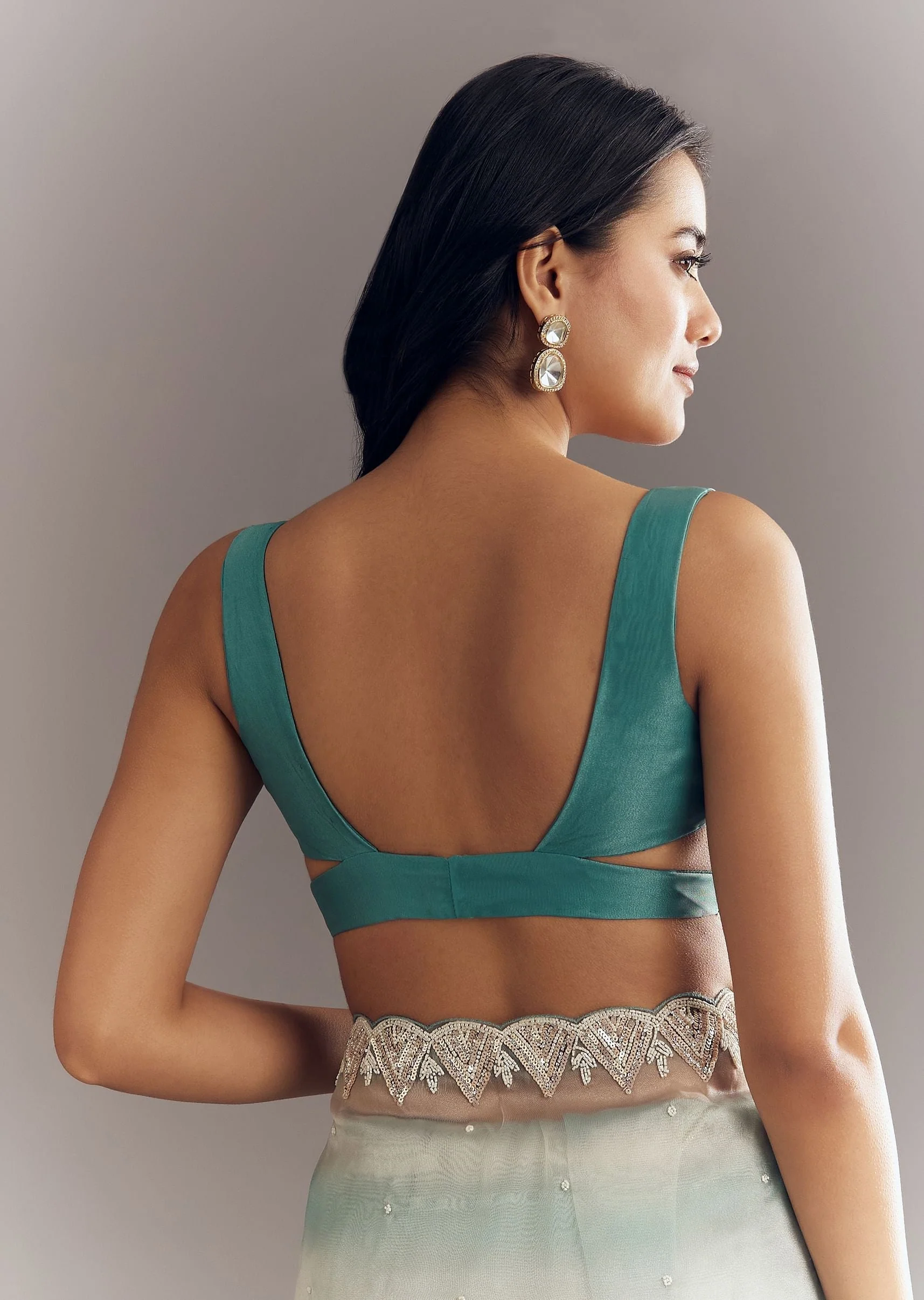 Teal Blue Shaded Organza Saree With Moti Stone Sequins Embroidery And Cutwork Scallop Border - Image 8