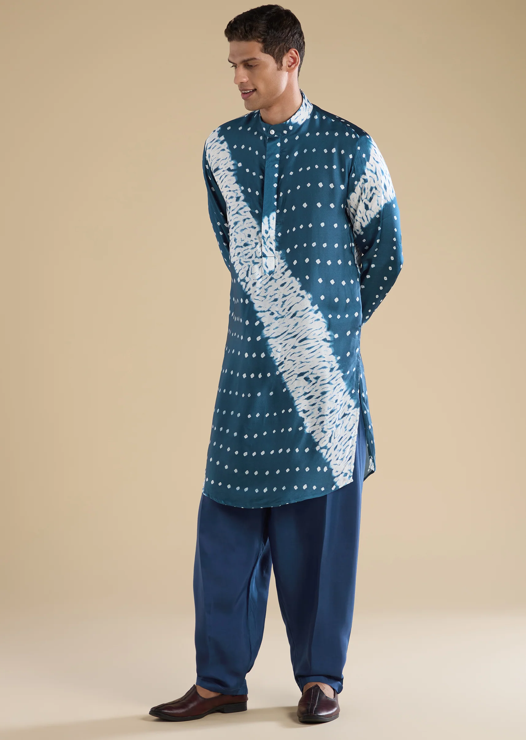 Teal Blue Shibori Bandhani Kurta Set - Image 3