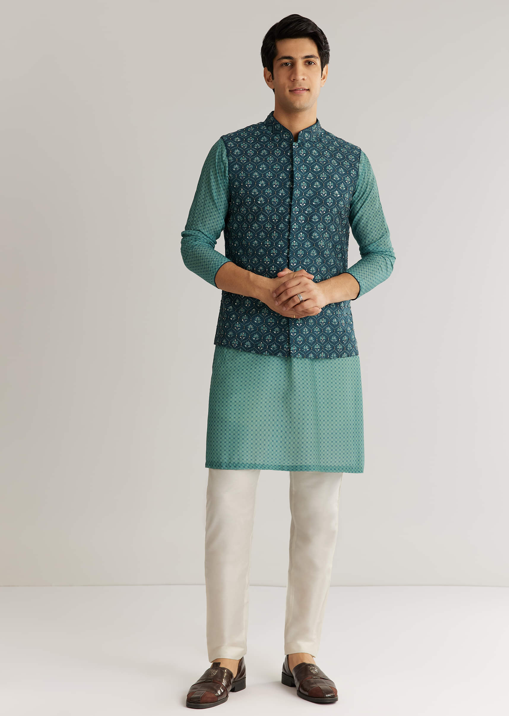 Teal Blue Silk Cutdana Sequins Kurta Jacket Set - Image 2