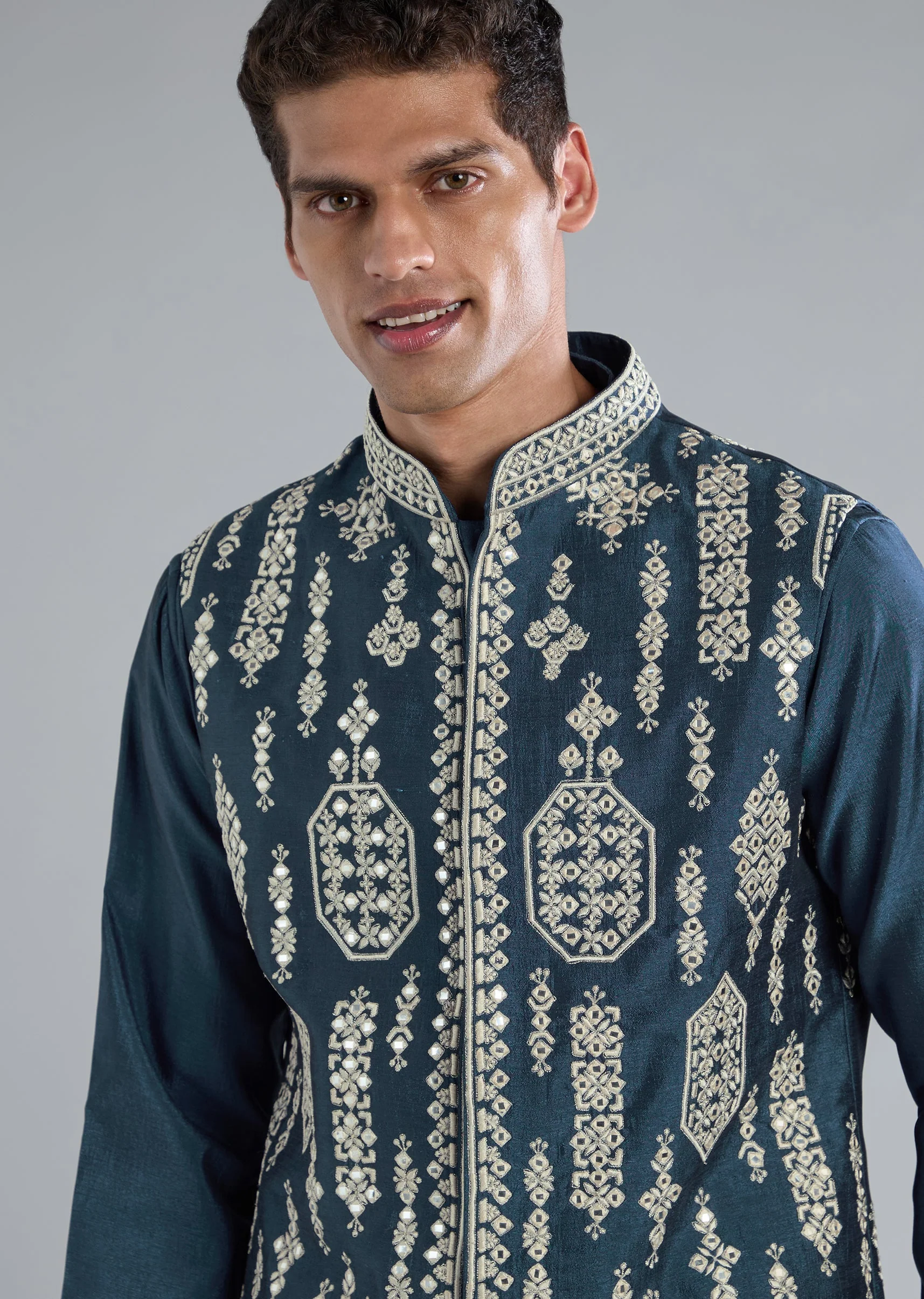 Teal Blue Silk Kurta Jacket Set With Thread Resham Zari Work - Image 2