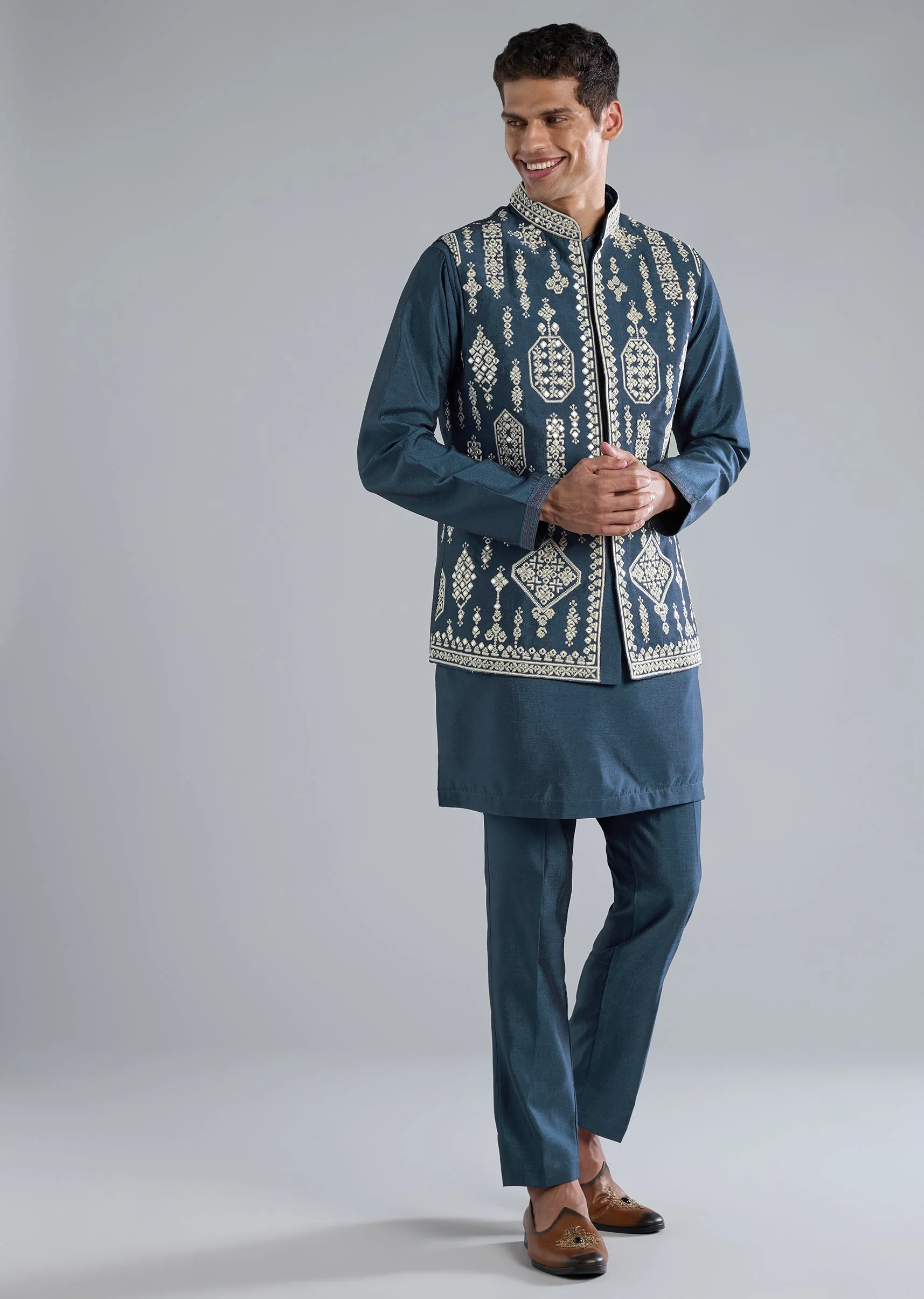 Teal Blue Silk Kurta Jacket Set With Thread Resham Zari Work - Image 3