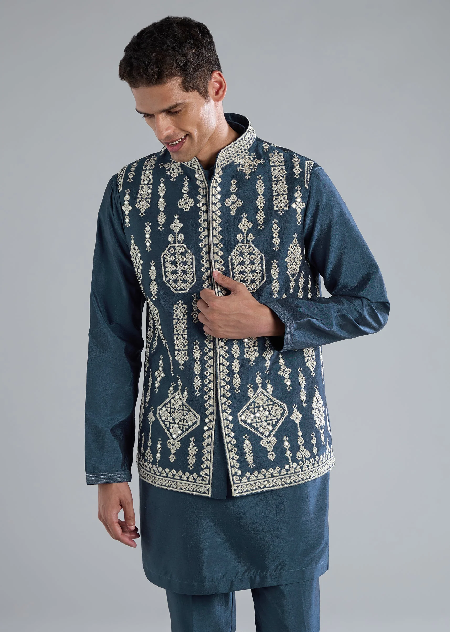 Teal Blue Silk Kurta Jacket Set With Thread Resham Zari Work - Image 4