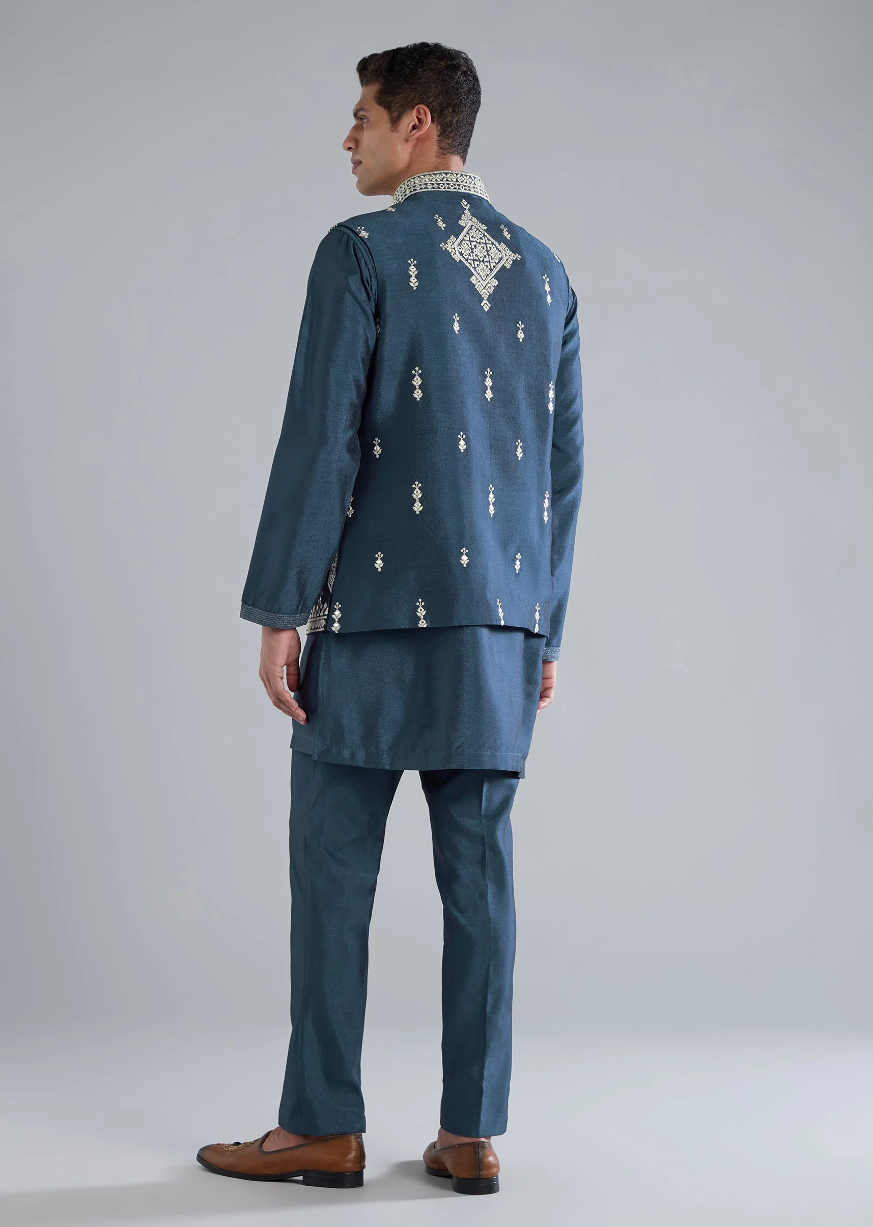Teal Blue Silk Kurta Jacket Set With Thread Resham Zari Work - Image 5