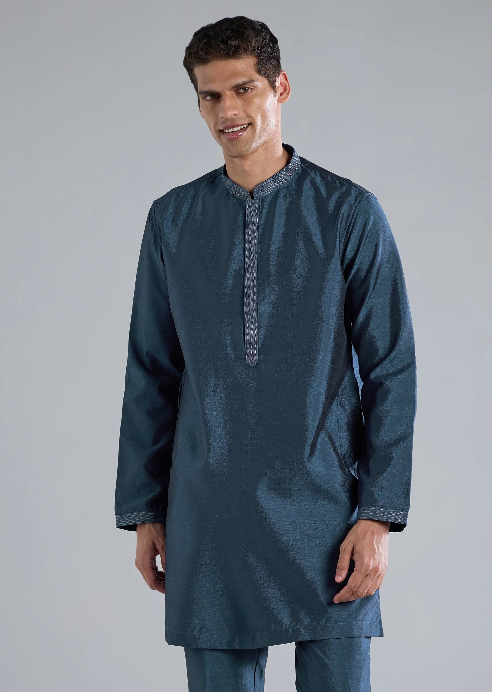 Teal Blue Silk Kurta Jacket Set With Thread Resham Zari Work - Image 6