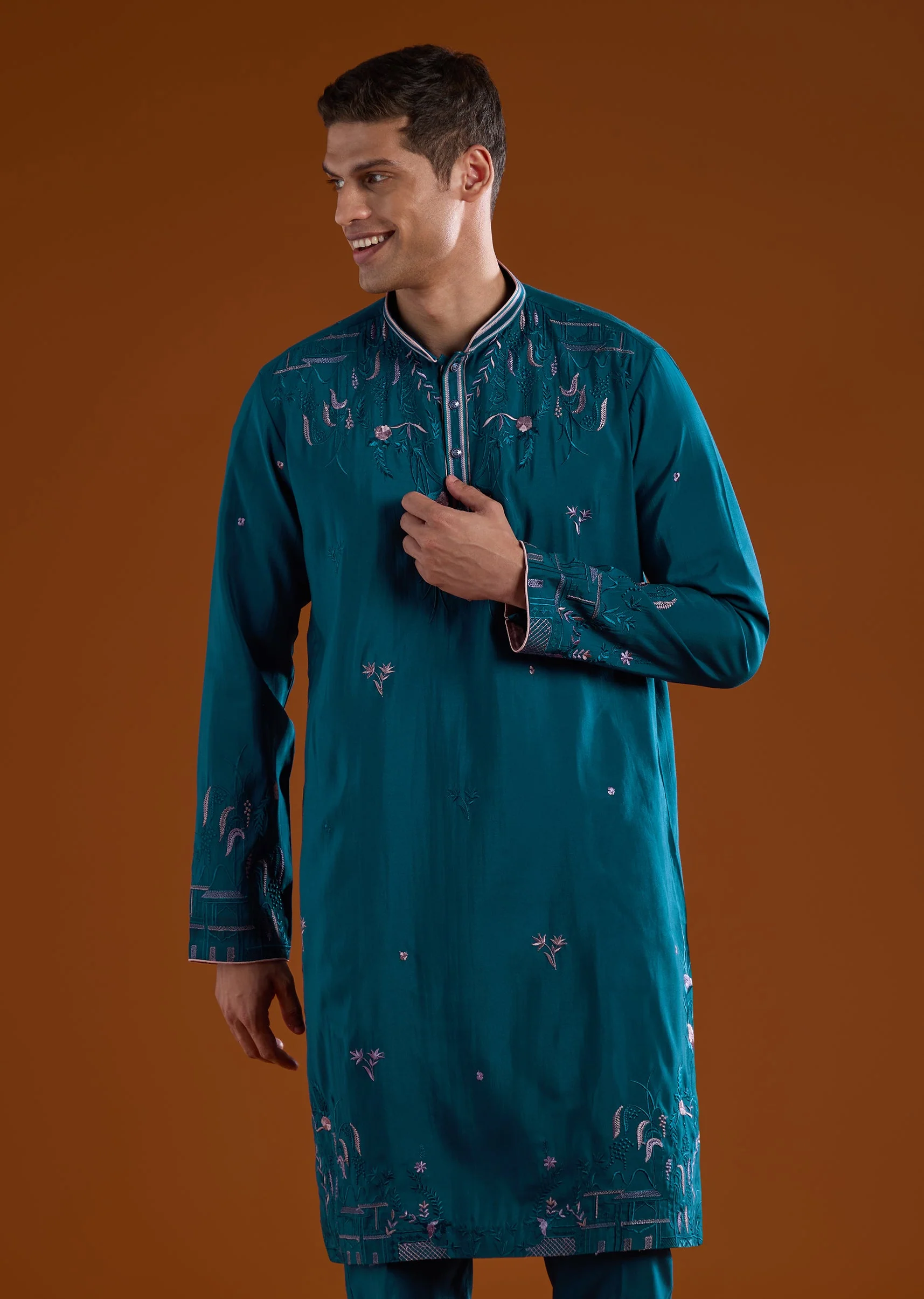 Teal Blue Silk Kurta Set With Dupatta And Thread Work - Image 6