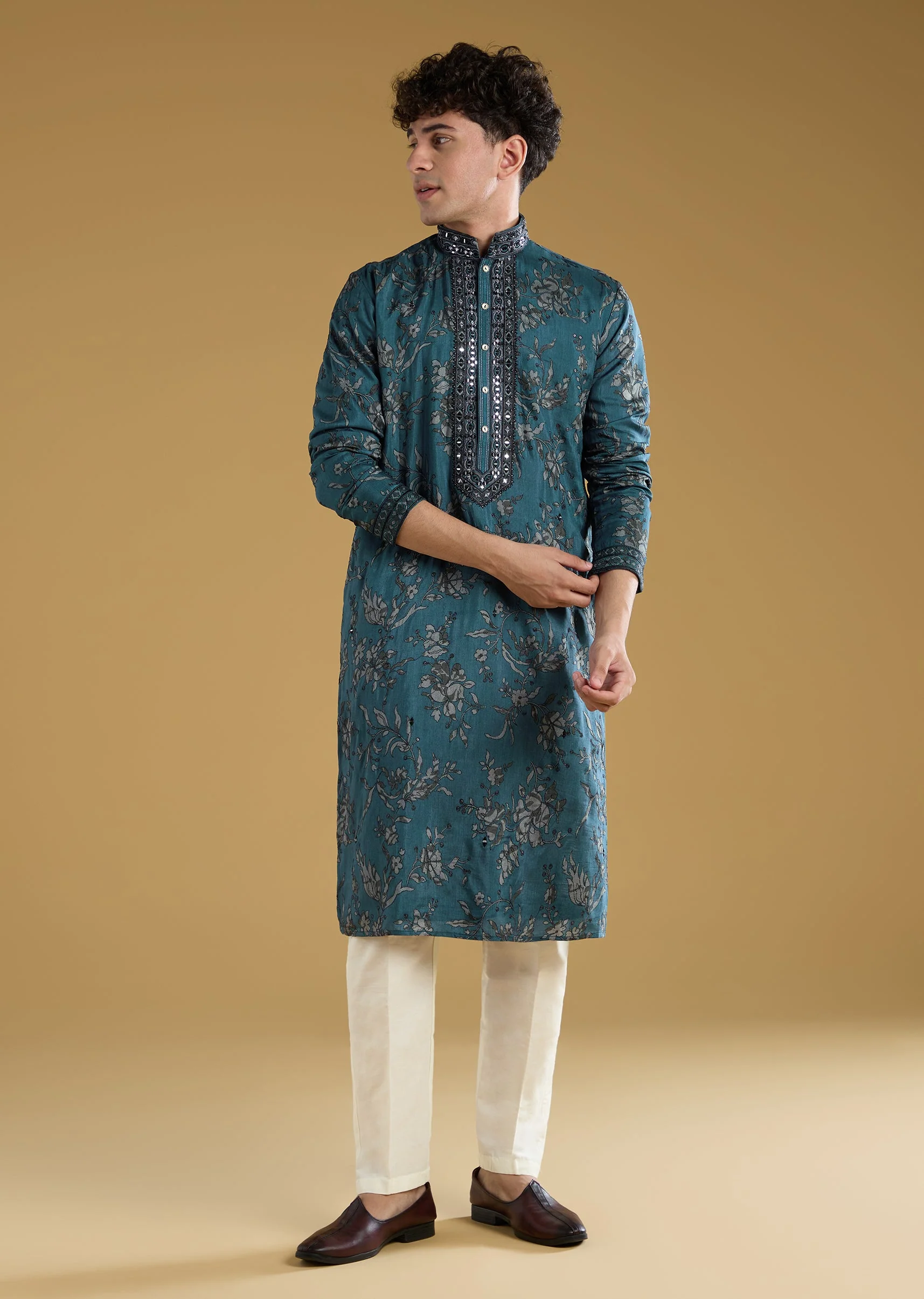 Teal Blue Silk Kurta Set With Thread And Mirror Detail Work - Image 3