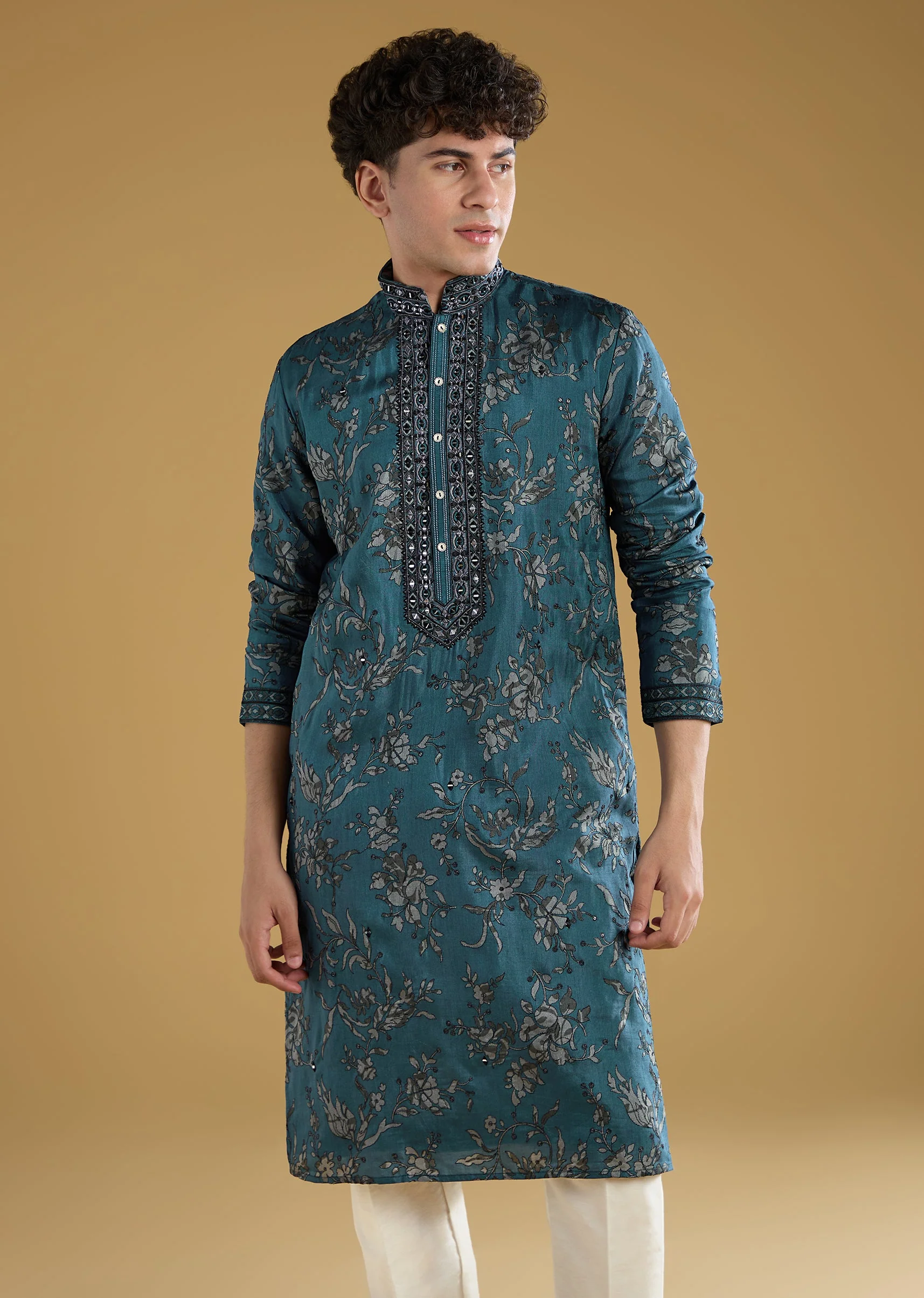 Teal Blue Silk Kurta Set With Thread And Mirror Detail Work - Image 4