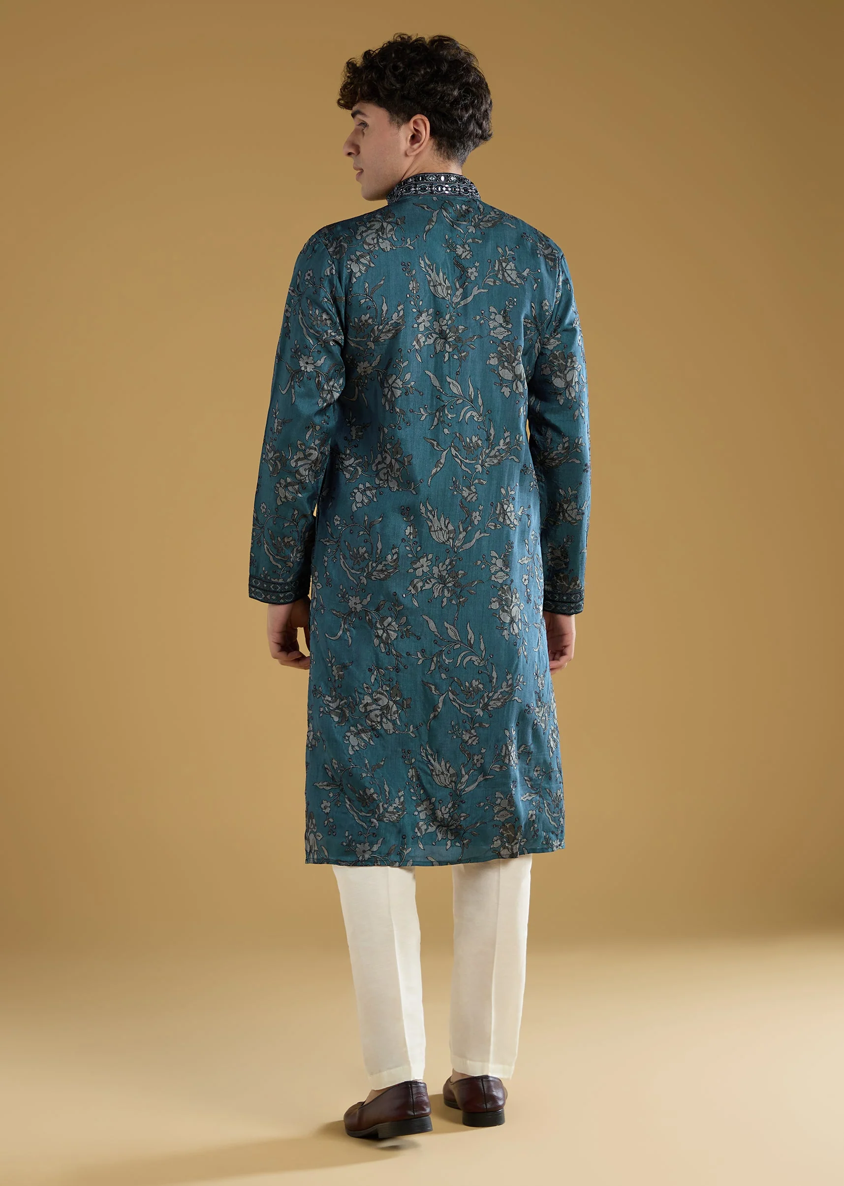 Teal Blue Silk Kurta Set With Thread And Mirror Detail Work - Image 5