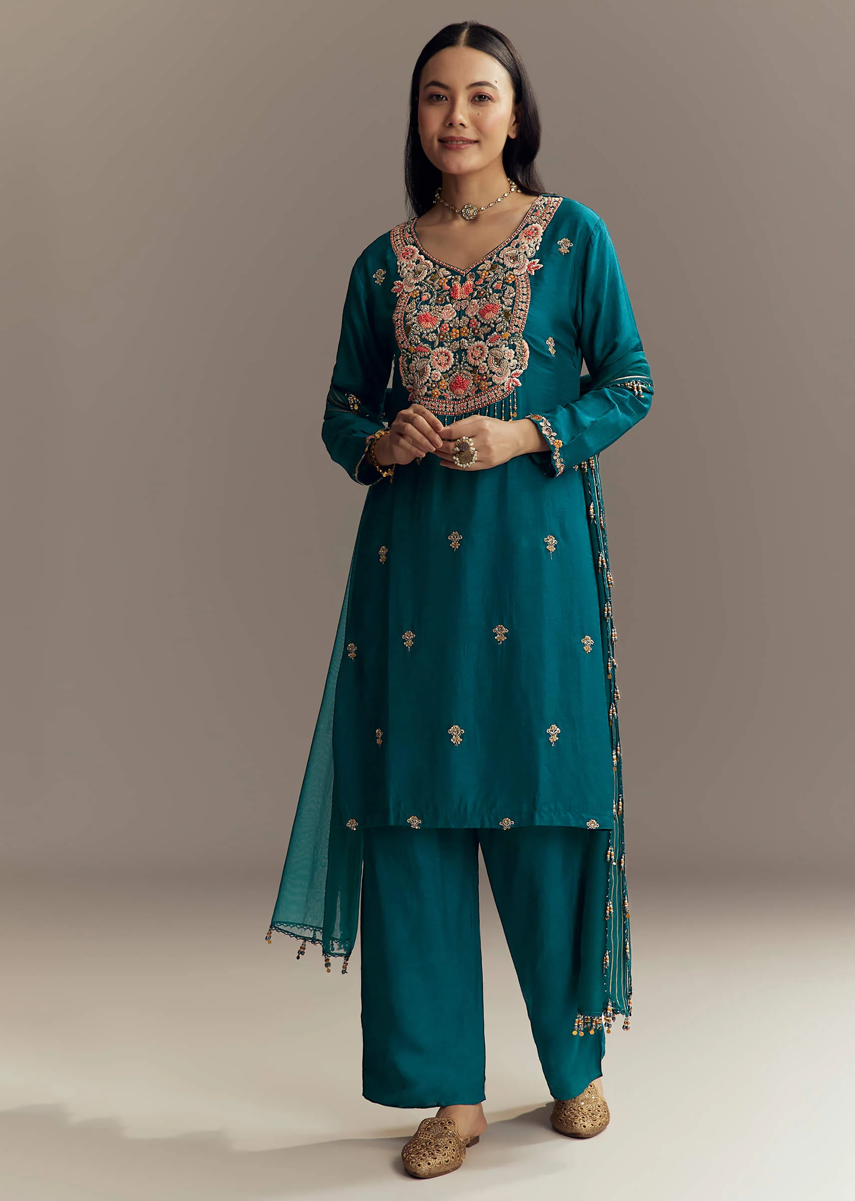 Teal Blue Silk Kurta Set With Zardosi And Resham Work - Image 3