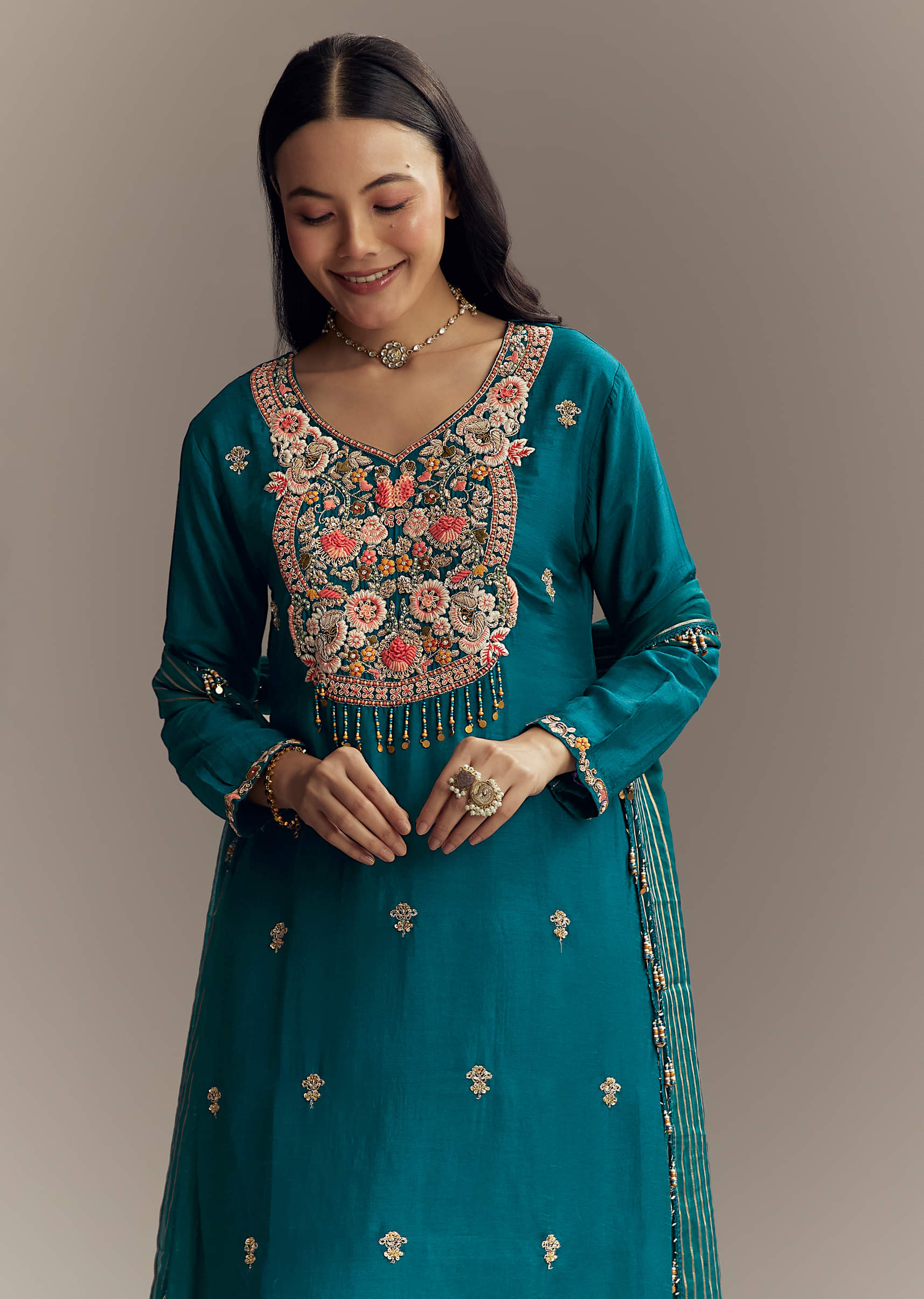 Teal Blue Silk Kurta Set With Zardosi And Resham Work - Image 4